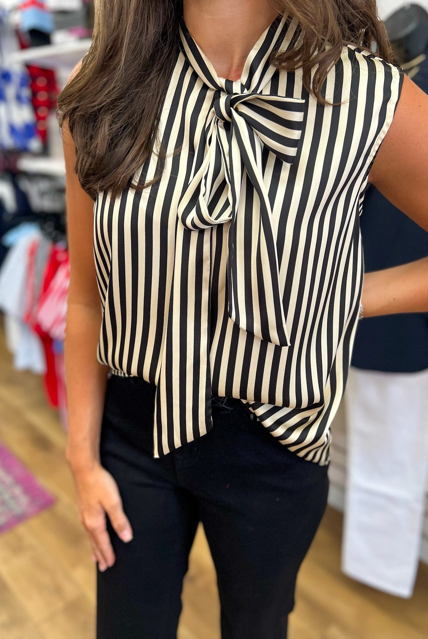 Black Striped Sleeveless Top with Tie Bow at Neckline - A'Bekah's Boutique