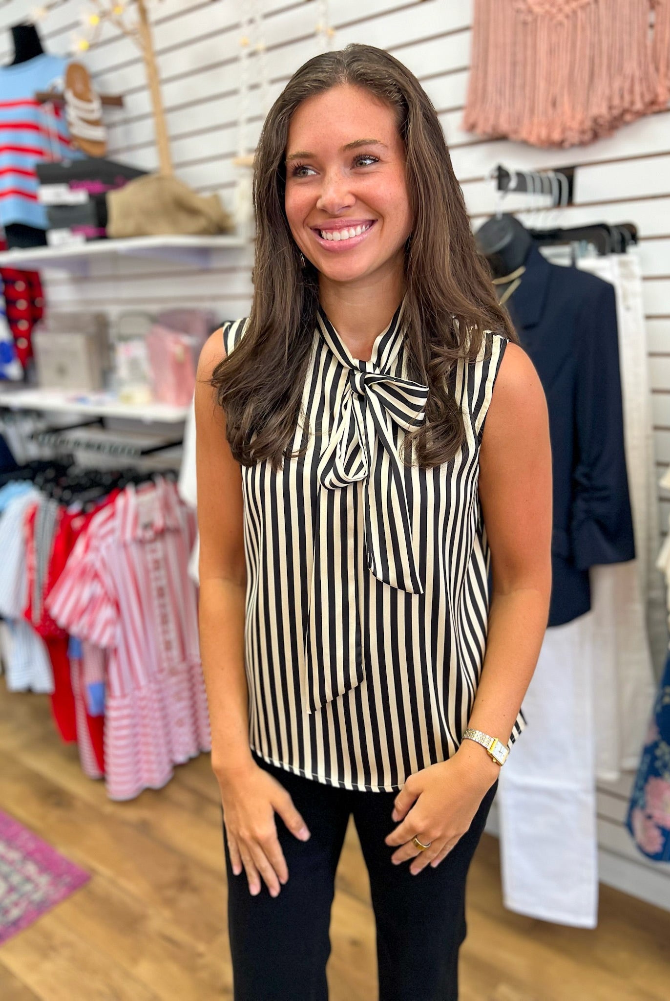 Black Striped Sleeveless Top with Tie Bow at Neckline - A'Bekah's Boutique