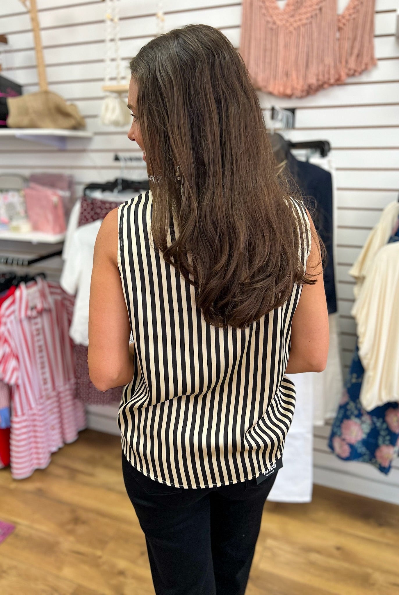 Black Striped Sleeveless Top with Tie Bow at Neckline - A'Bekah's Boutique