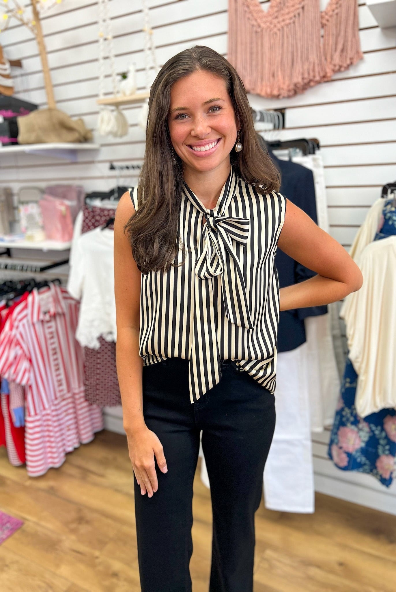 Black Striped Sleeveless Top with Tie Bow at Neckline - A'Bekah's Boutique