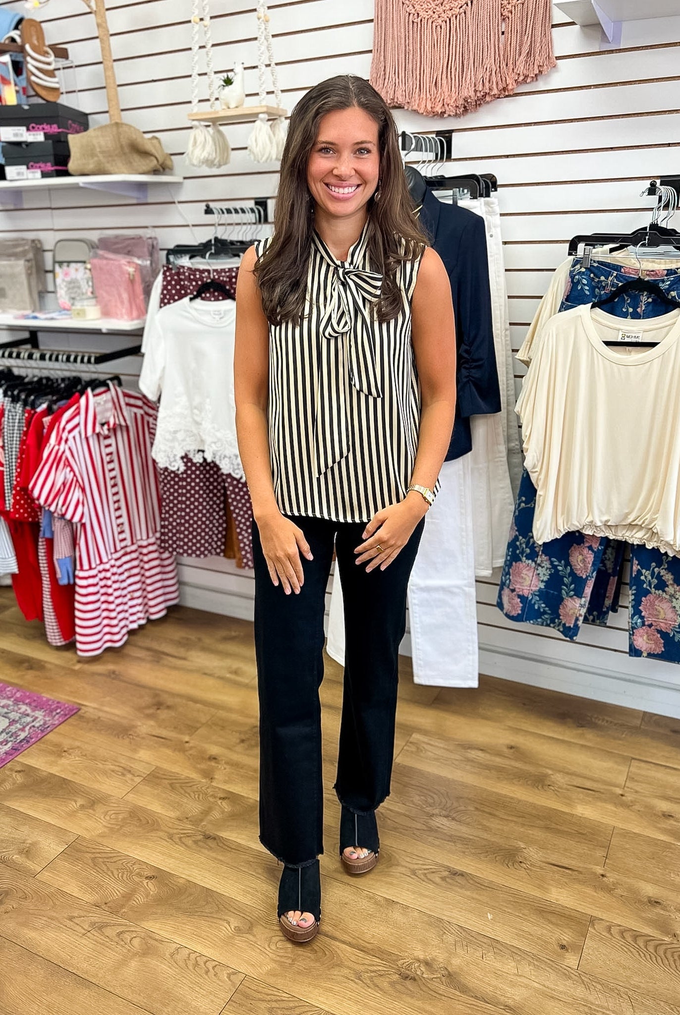 Black Striped Sleeveless Top with Tie Bow at Neckline - A'Bekah's Boutique