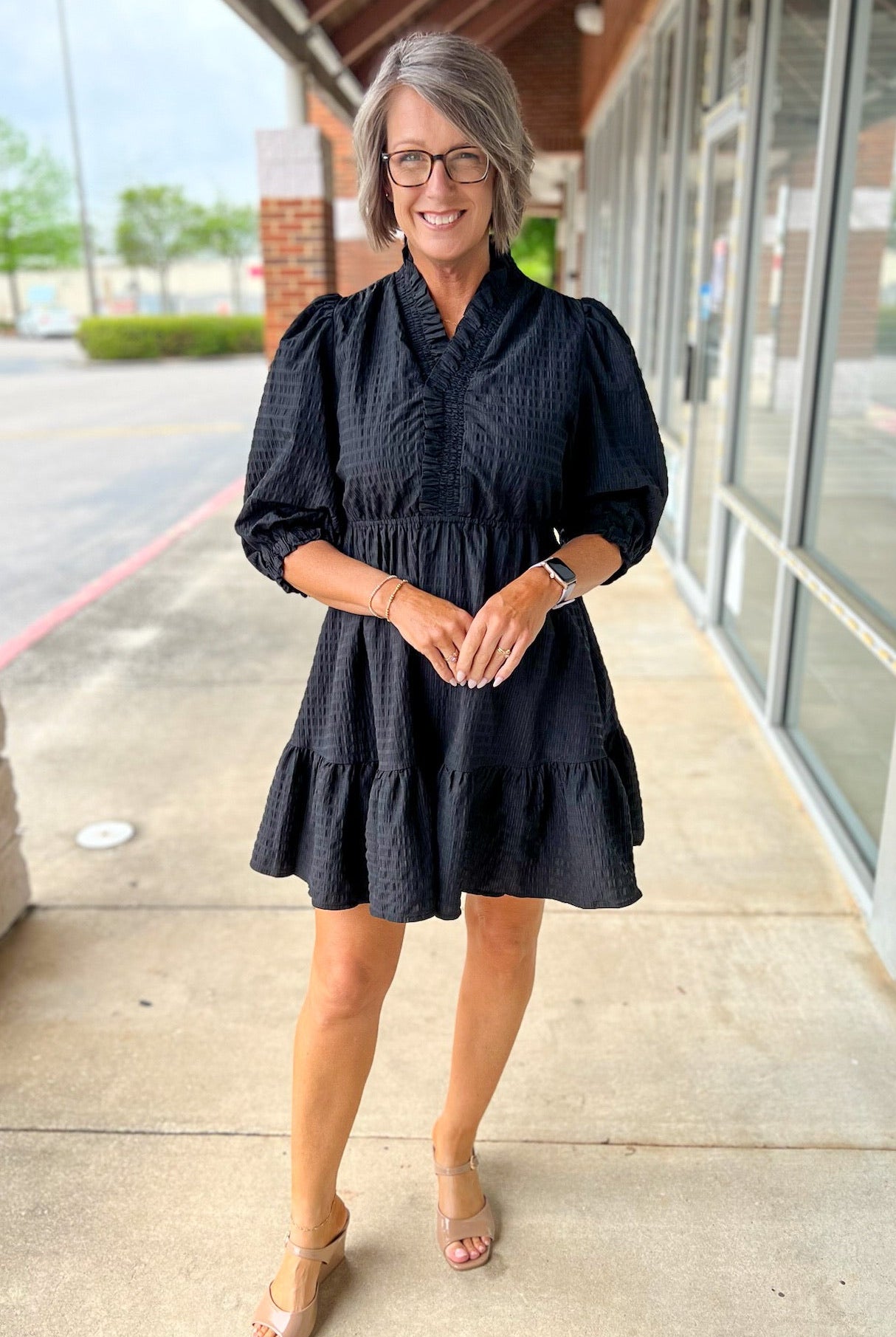 Black Textured Babydoll Dress with Smocked 3/4 Sleeves - A'Bekah's Boutique