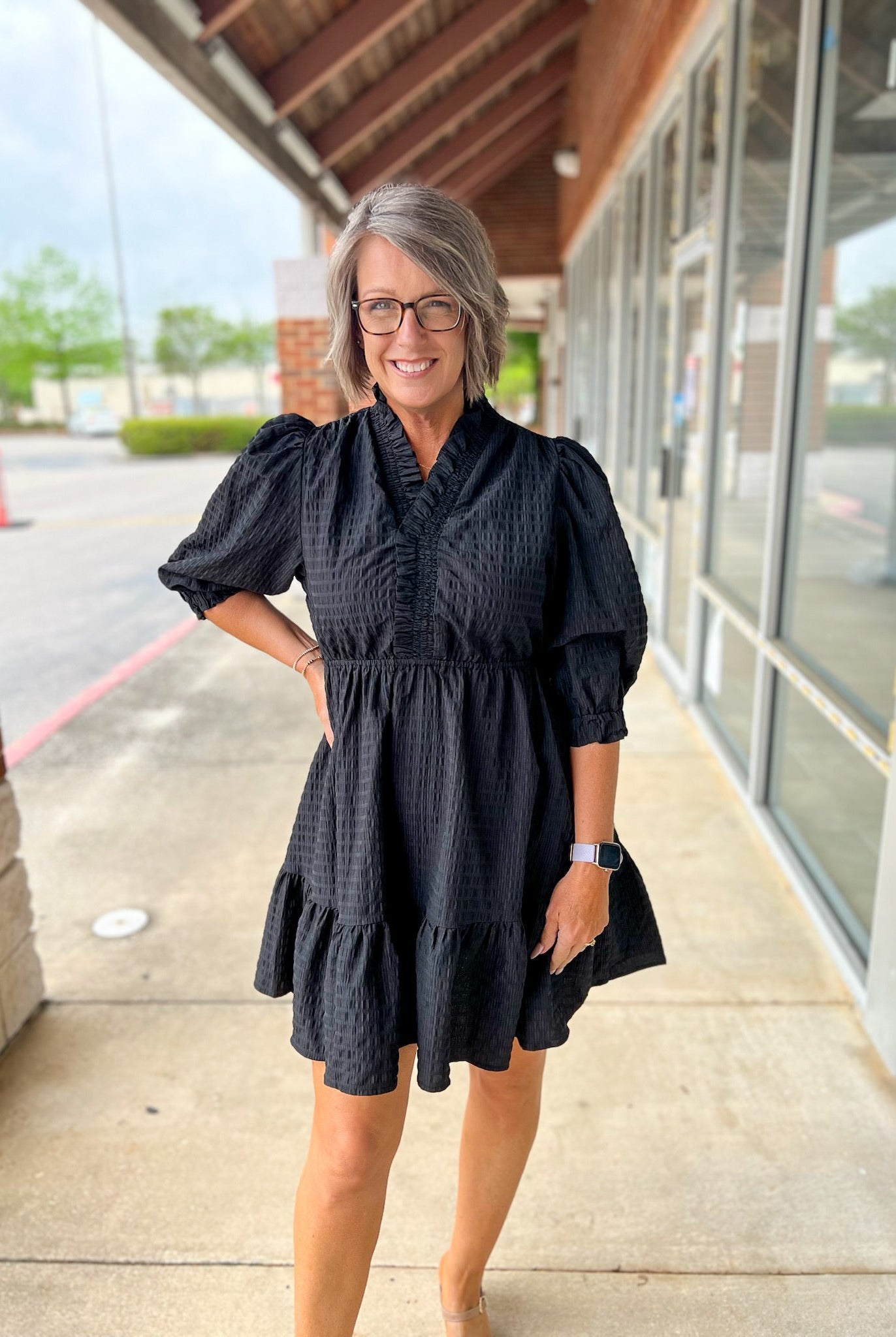Black Textured Babydoll Dress with Smocked 3/4 Sleeves - A'Bekah's Boutique
