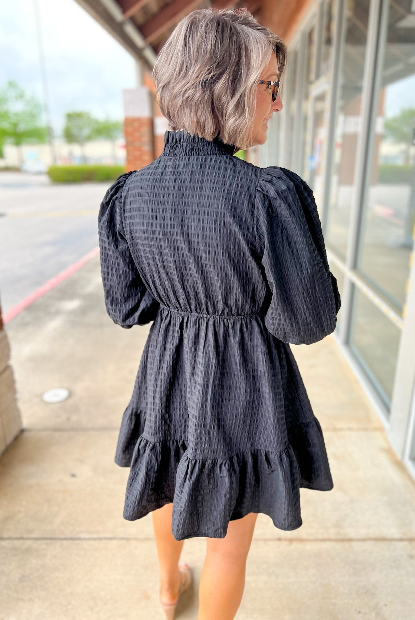 Black Textured Babydoll Dress with Smocked 3/4 Sleeves - A'Bekah's Boutique