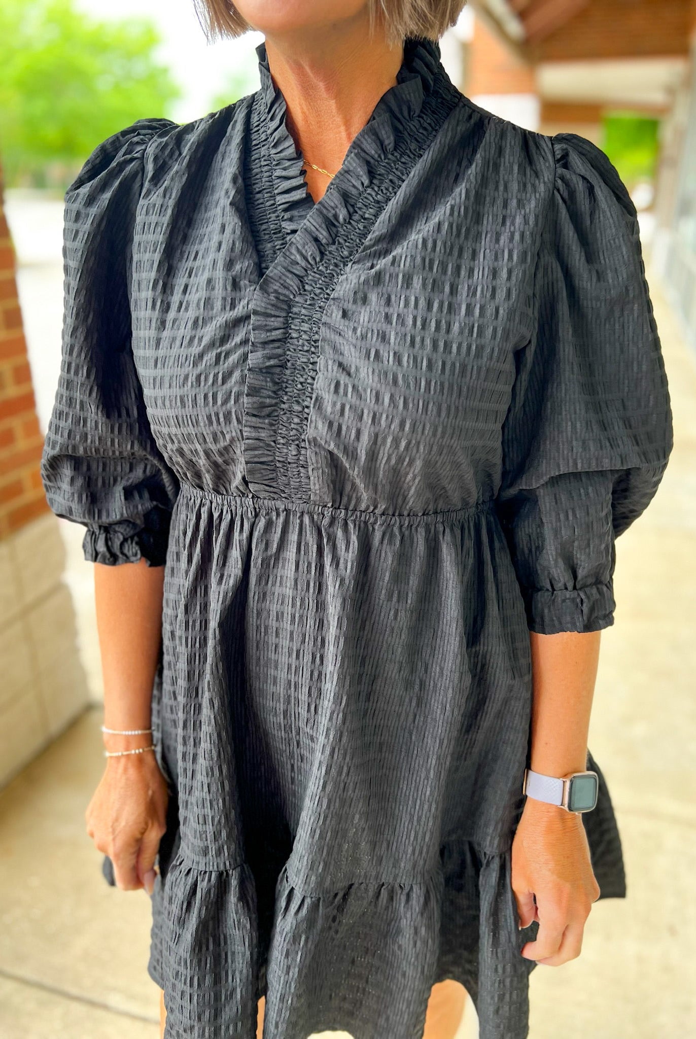 Black Textured Babydoll Dress with Smocked 3/4 Sleeves - A'Bekah's Boutique