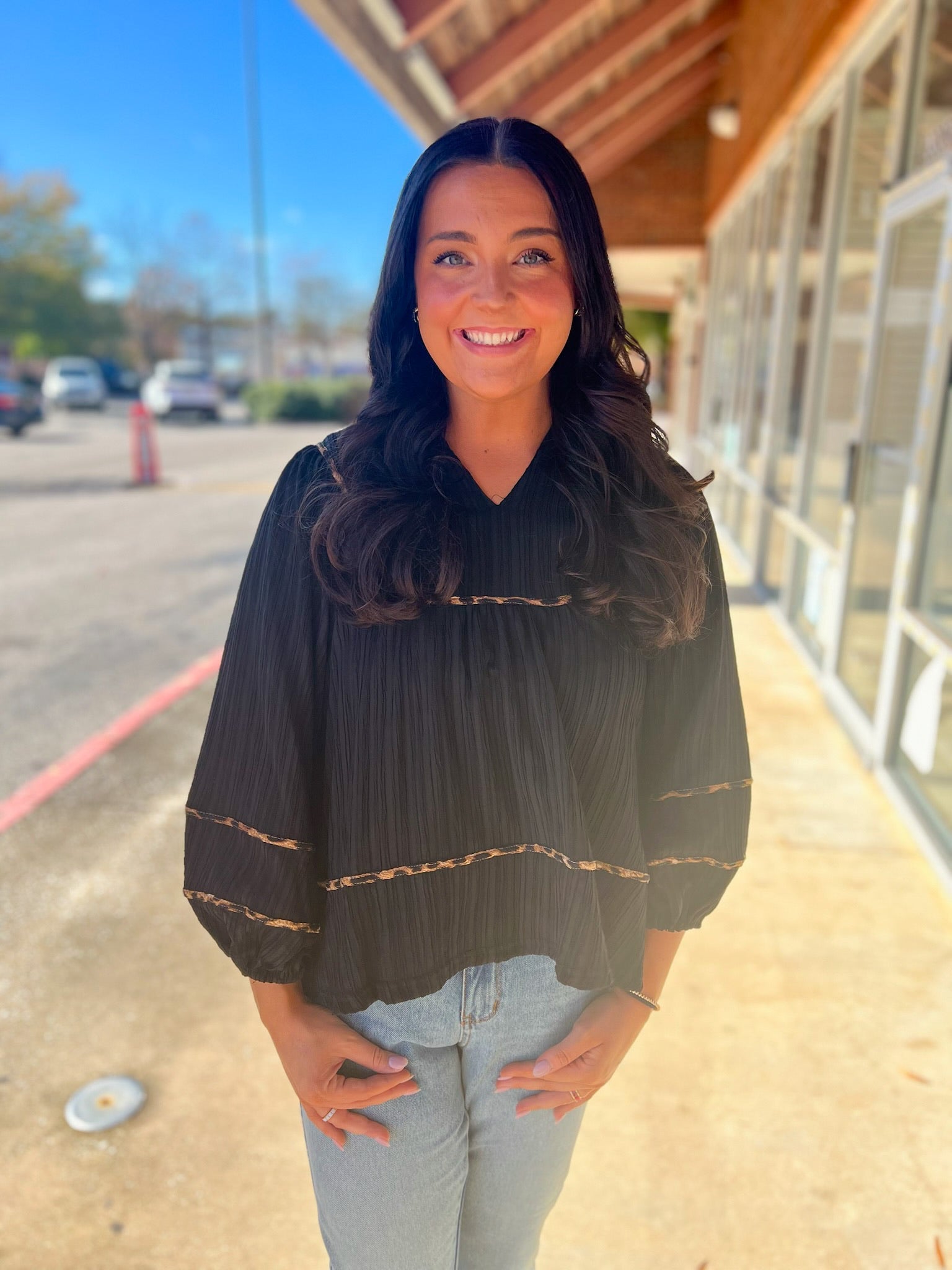 Black Textured Top with Animal Print Contrast Piping - A'Bekah's Boutique