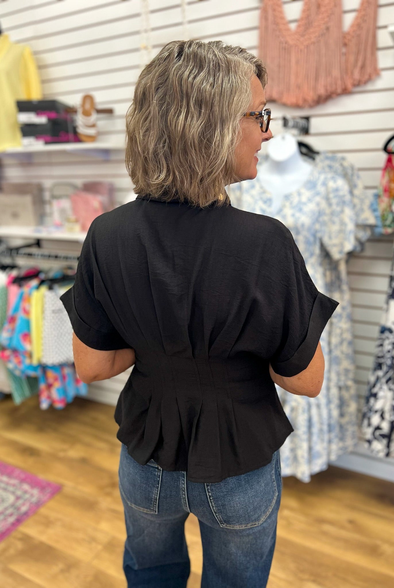 Black Top with Gold Button Up Detailing and Pintuck Waist - A'Bekah's Boutique