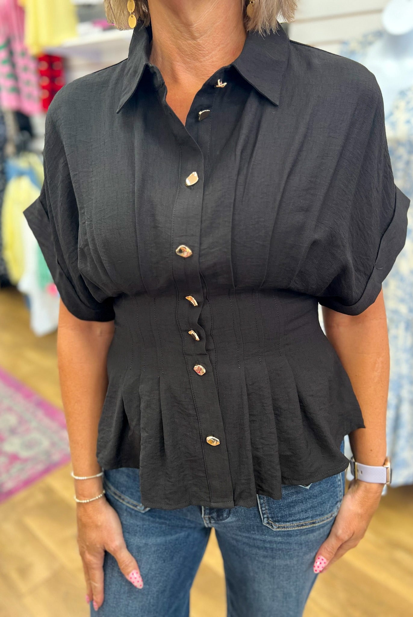 Black Top with Gold Button Up Detailing and Pintuck Waist - A'Bekah's Boutique