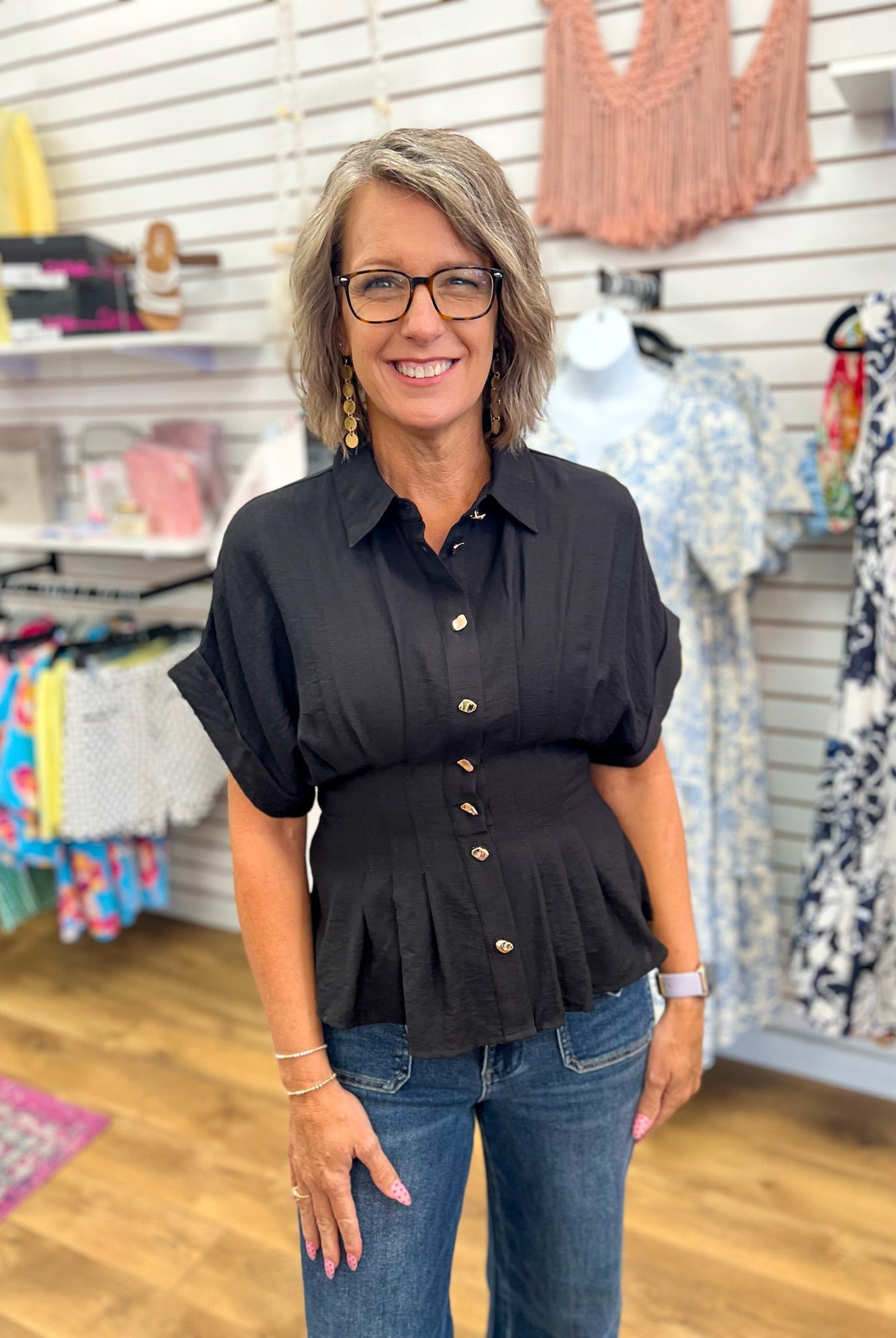 Black Top with Gold Button Up Detailing and Pintuck Waist - A'Bekah's Boutique