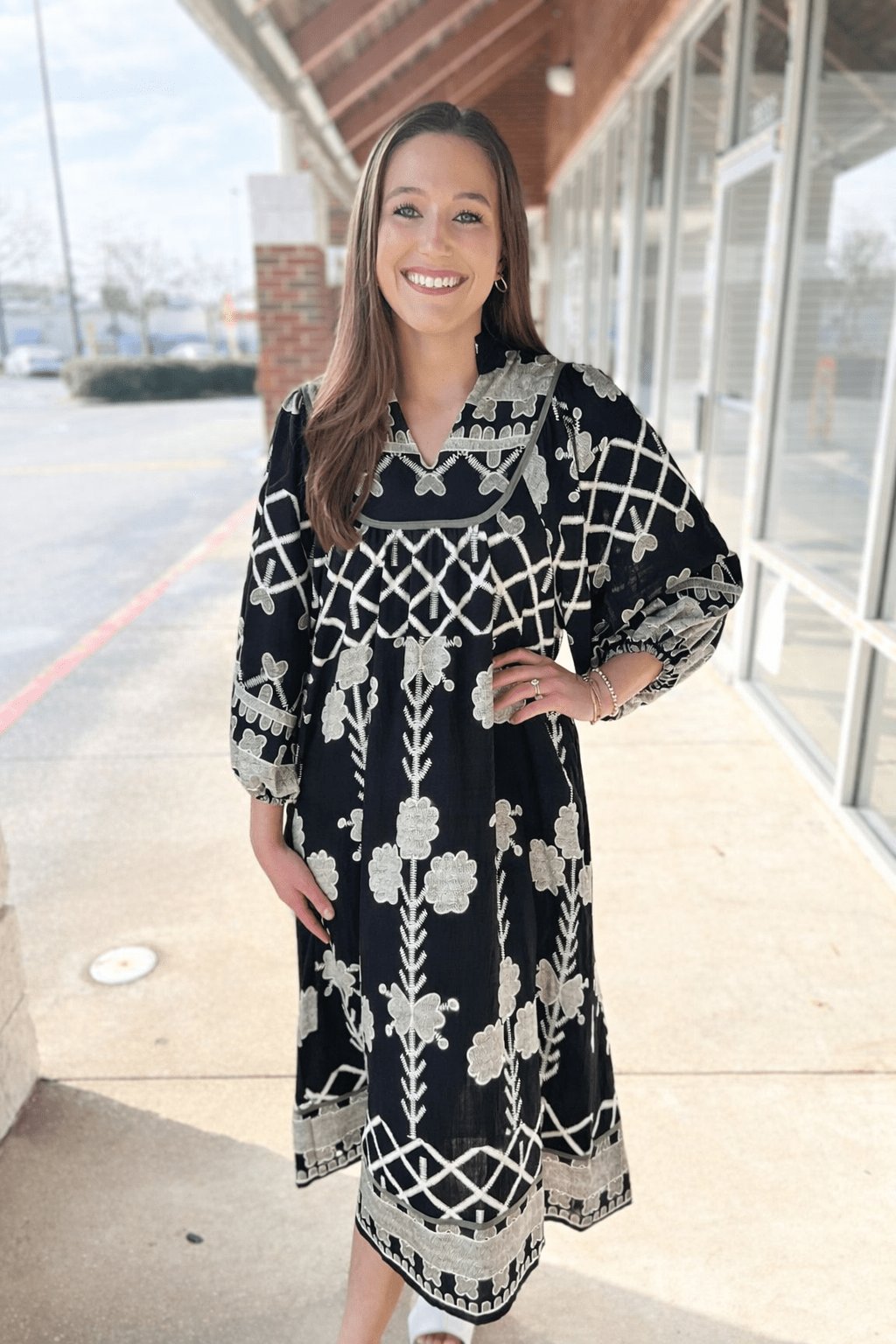 Black Tribal Print Midi Dress with Contrast Piping - A'Bekah's Boutique