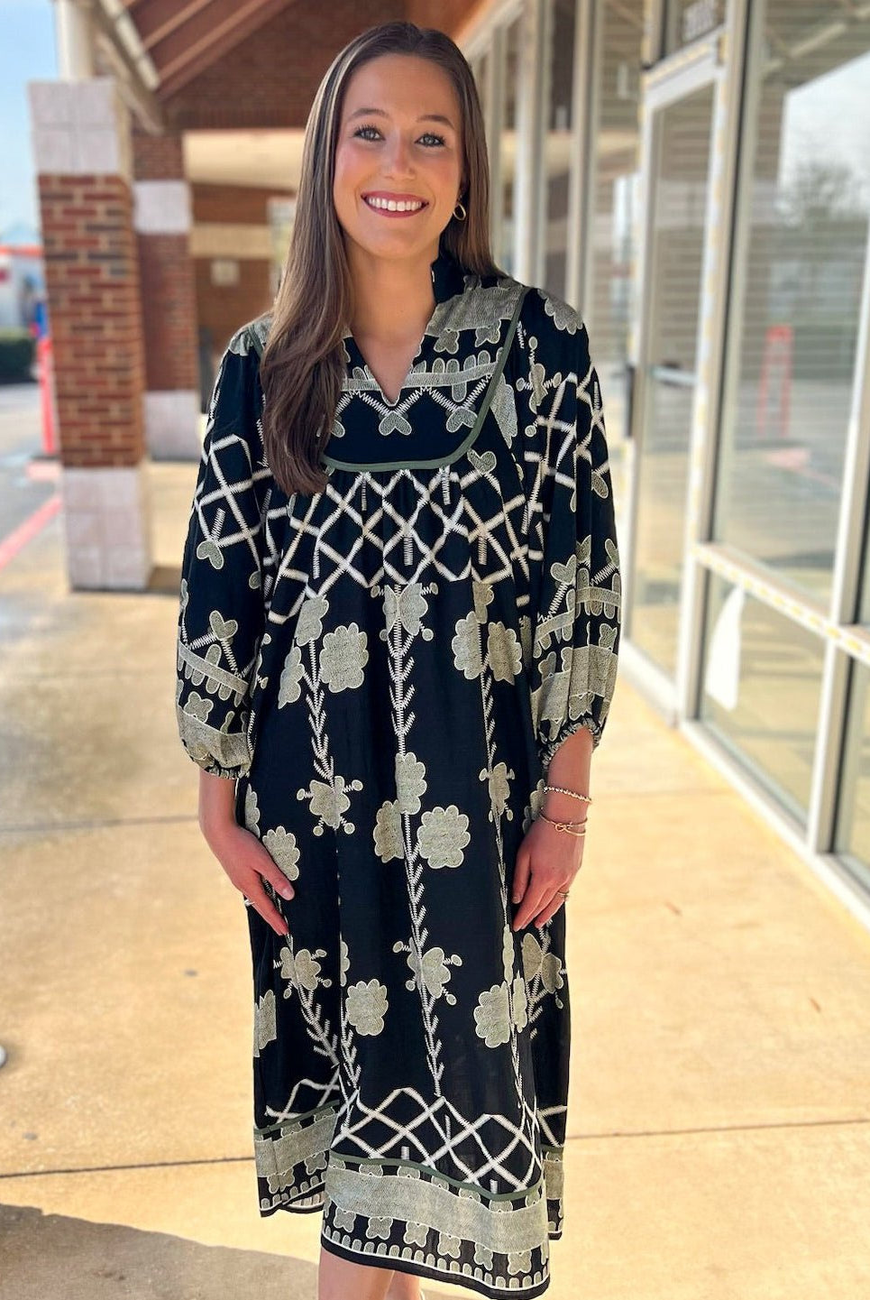 Black Tribal Print Midi Dress with Contrast Piping - A'Bekah's Boutique