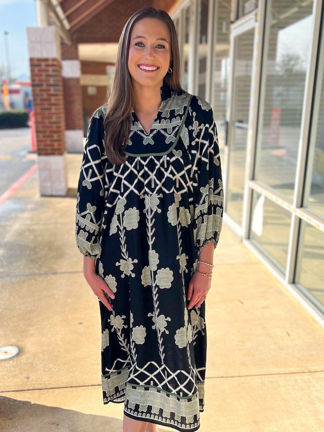 Black Tribal Print Midi Dress with Contrast Piping - A'Bekah's Boutique