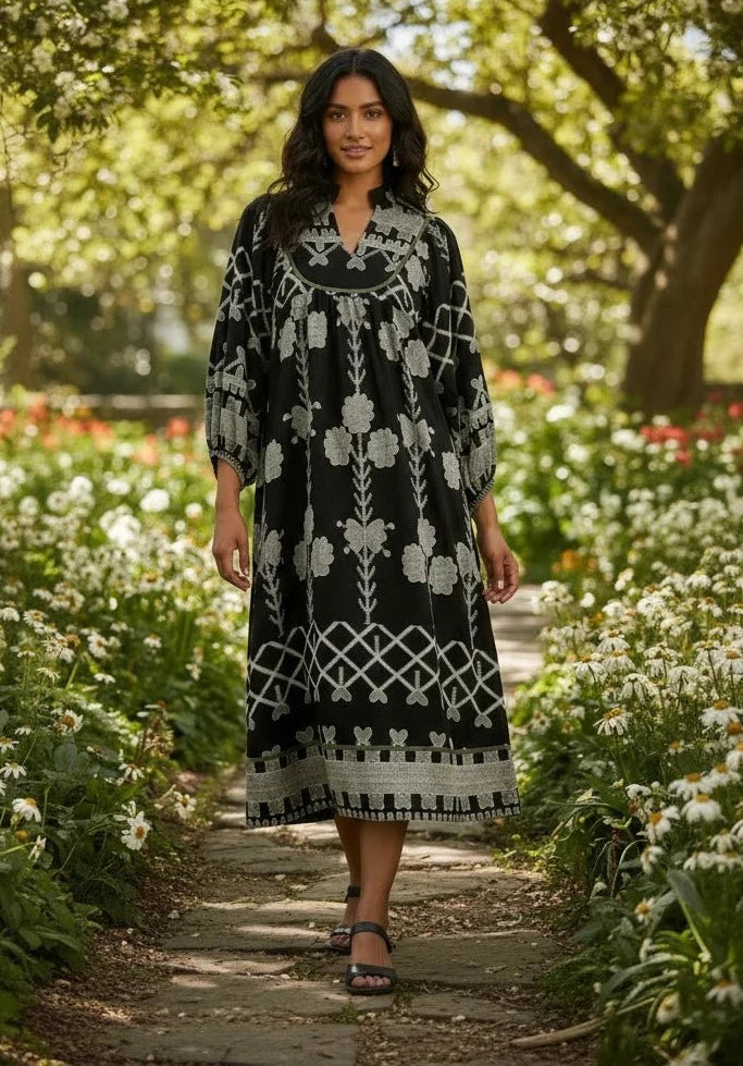 Black Tribal Print Midi Dress with Contrast Piping - A'Bekah's Boutique