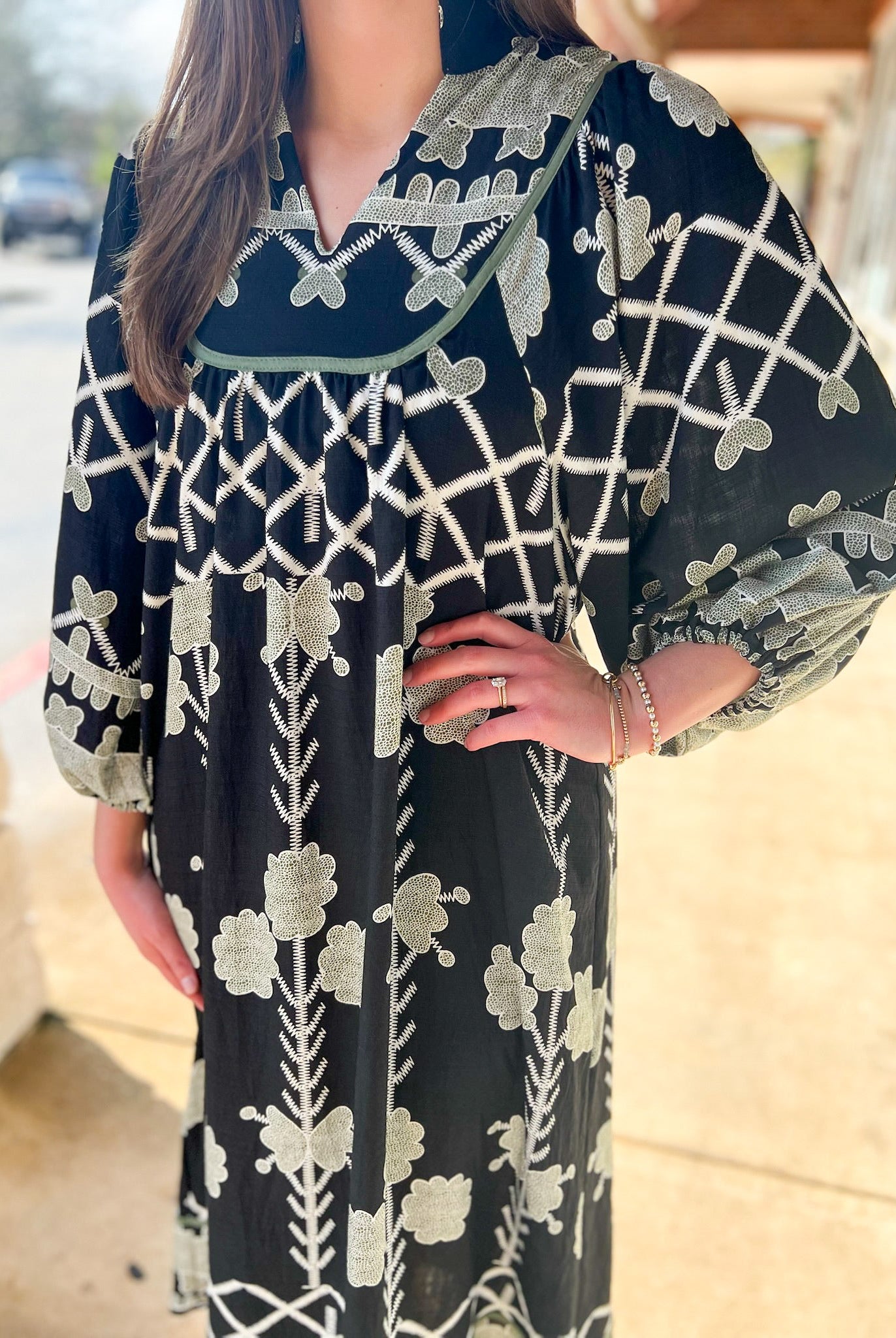 Black Tribal Print Midi Dress with Contrast Piping - A'Bekah's Boutique