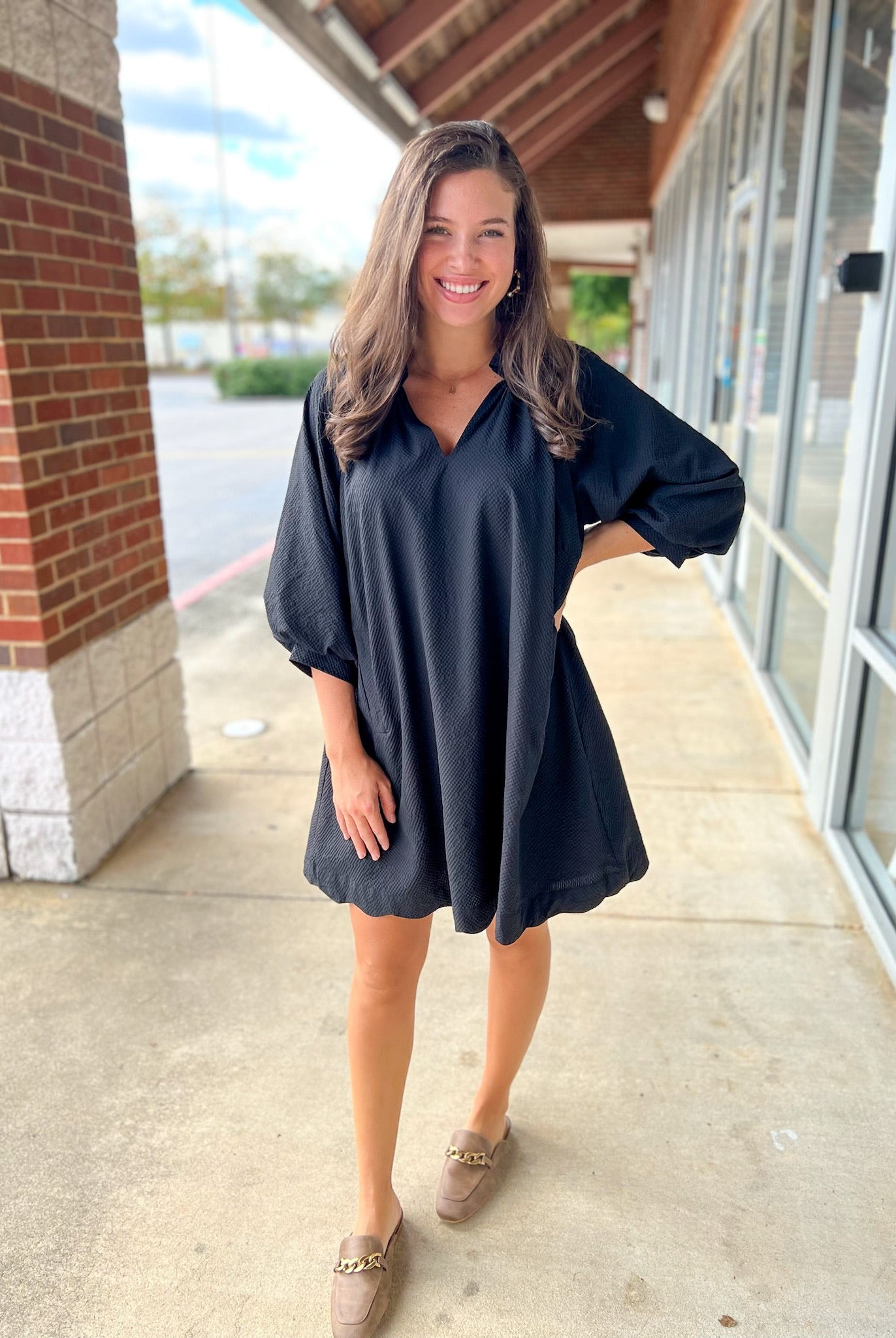 Black V - Neck 3/4 Bubble Sleeve Dress with Scalloped Hem (R) - A'Bekah's Boutique