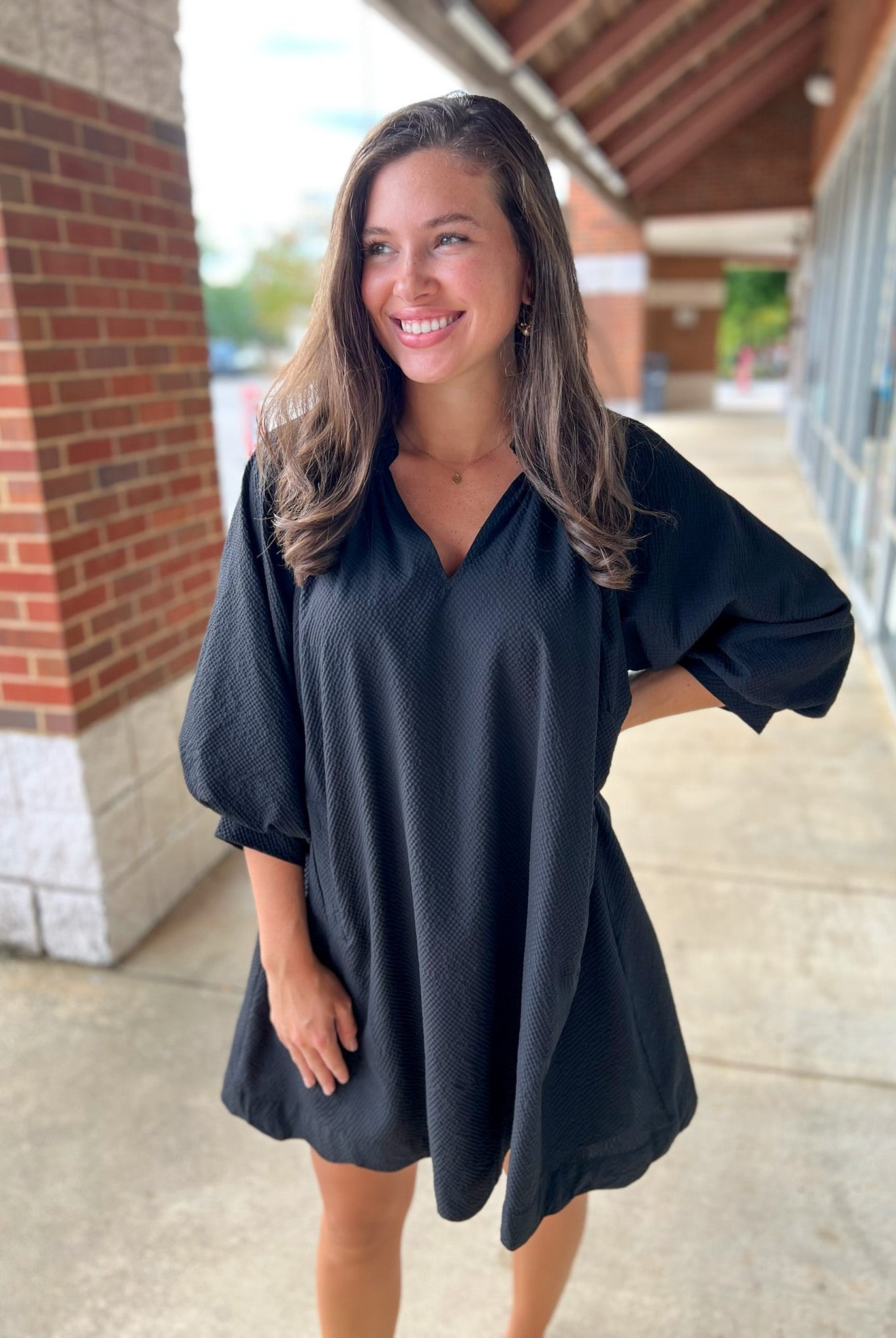 Black V - Neck 3/4 Bubble Sleeve Dress with Scalloped Hem (R) - A'Bekah's Boutique
