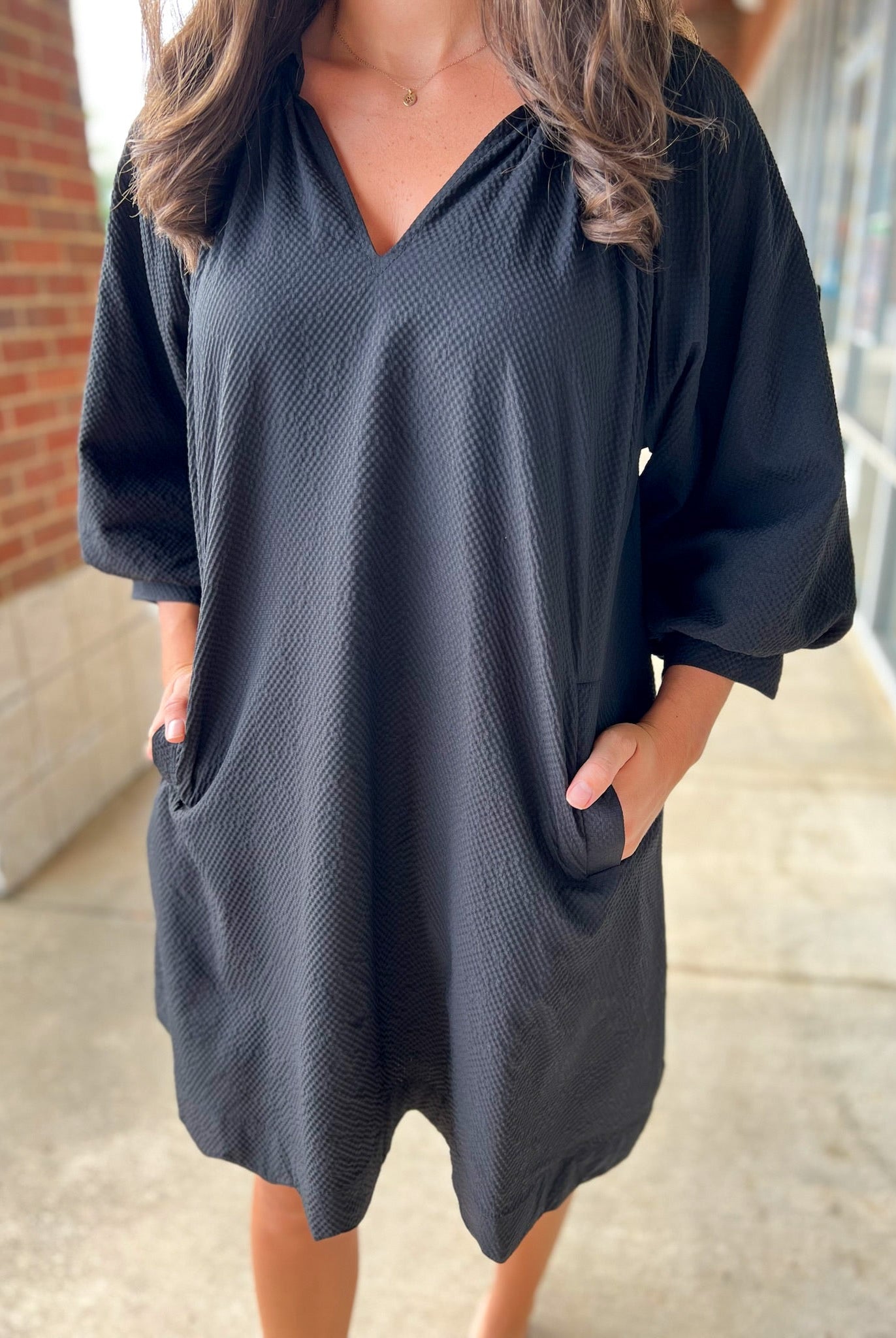 Black V - Neck 3/4 Bubble Sleeve Dress with Scalloped Hem (R) - A'Bekah's Boutique