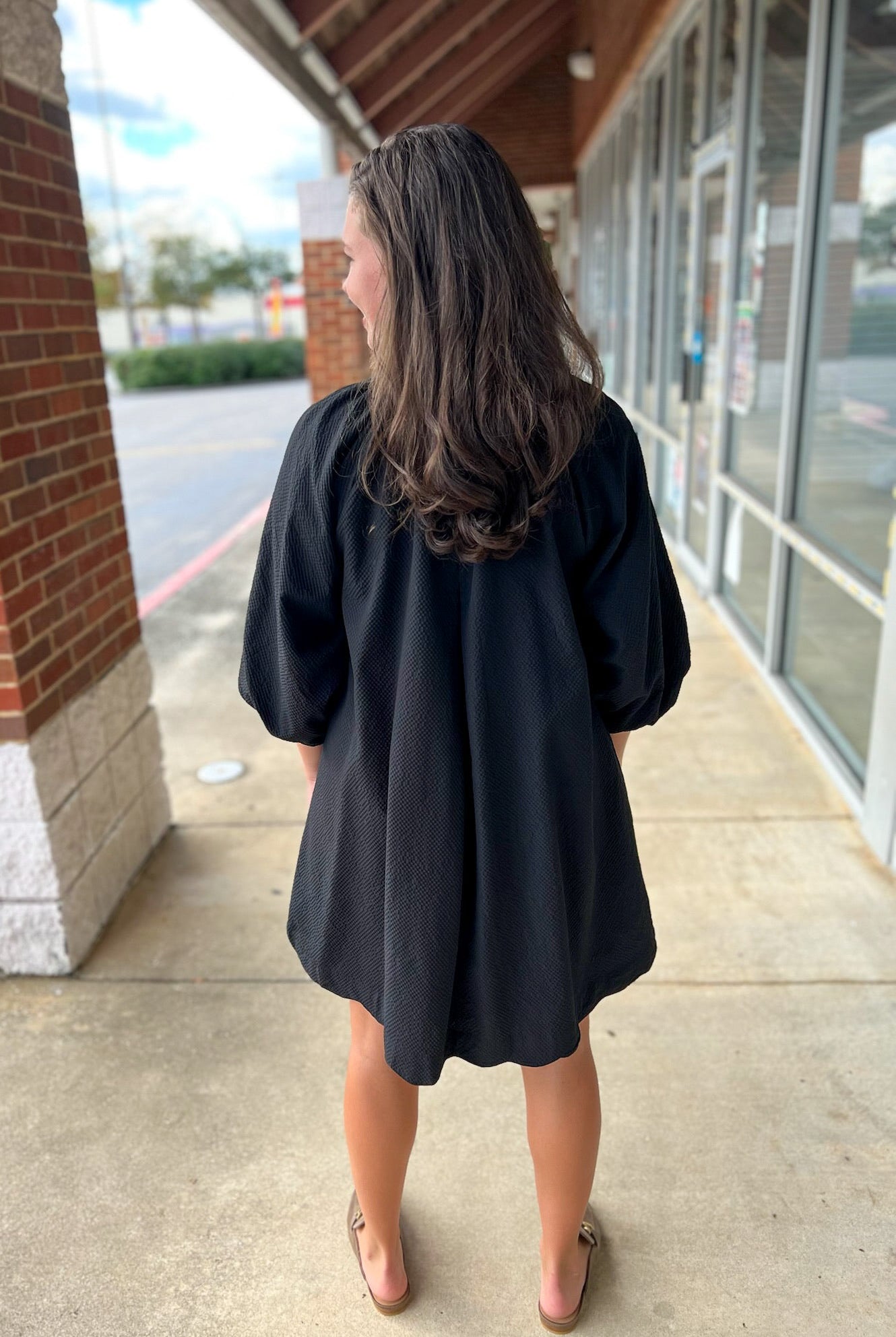 Black V - Neck 3/4 Bubble Sleeve Dress with Scalloped Hem (R) - A'Bekah's Boutique