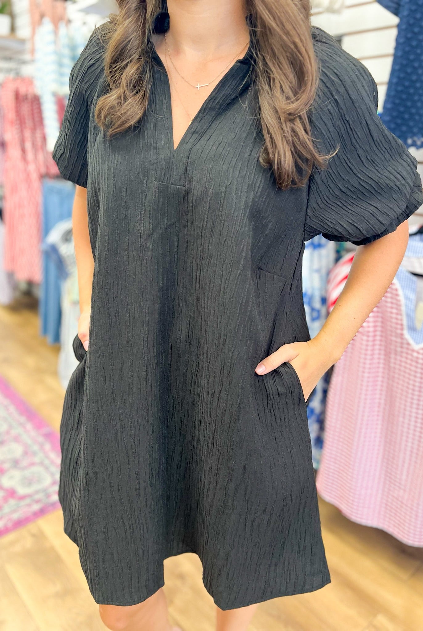 Black V-Neck Dress with Short Puff Sleeves - A'Bekah's Boutique
