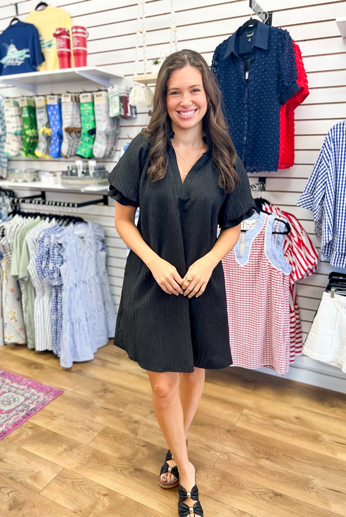 Black V-Neck Dress with Short Puff Sleeves - A'Bekah's Boutique