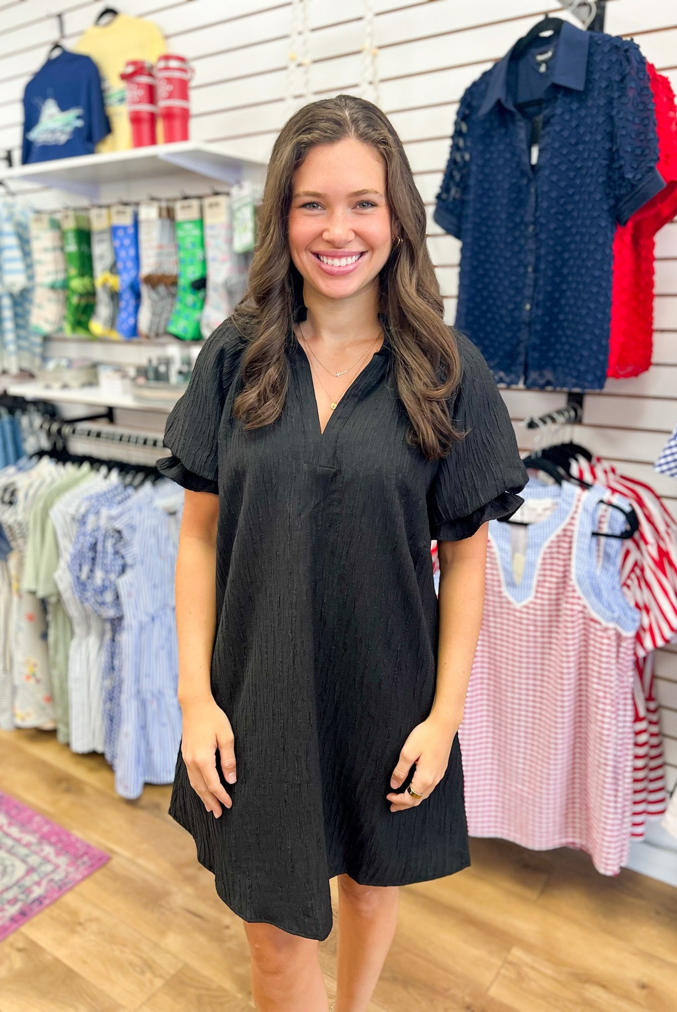 Black V-Neck Dress with Short Puff Sleeves - A'Bekah's Boutique