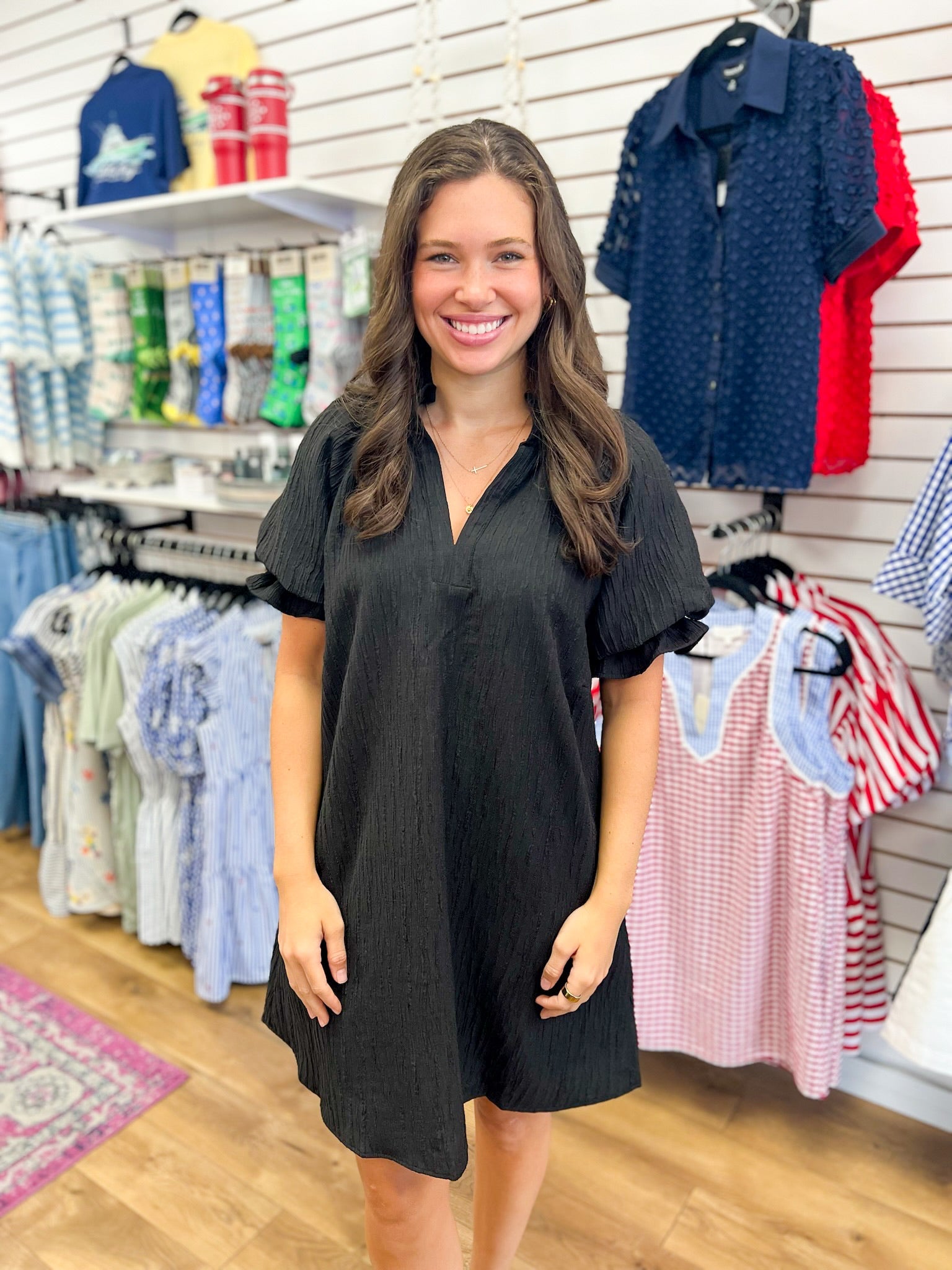 Black V-Neck Dress with Short Puff Sleeves - A'Bekah's Boutique