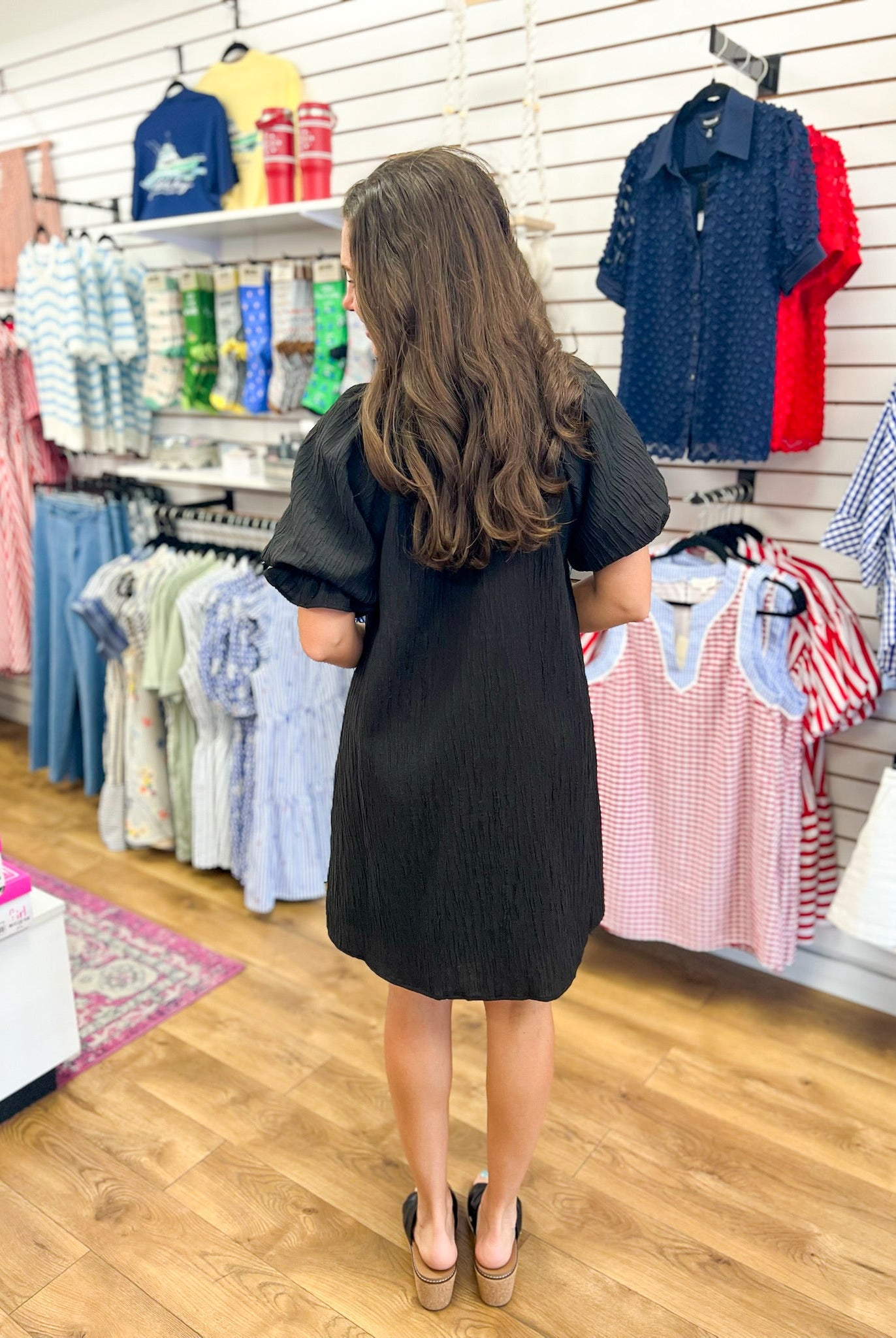 Black V-Neck Dress with Short Puff Sleeves - A'Bekah's Boutique