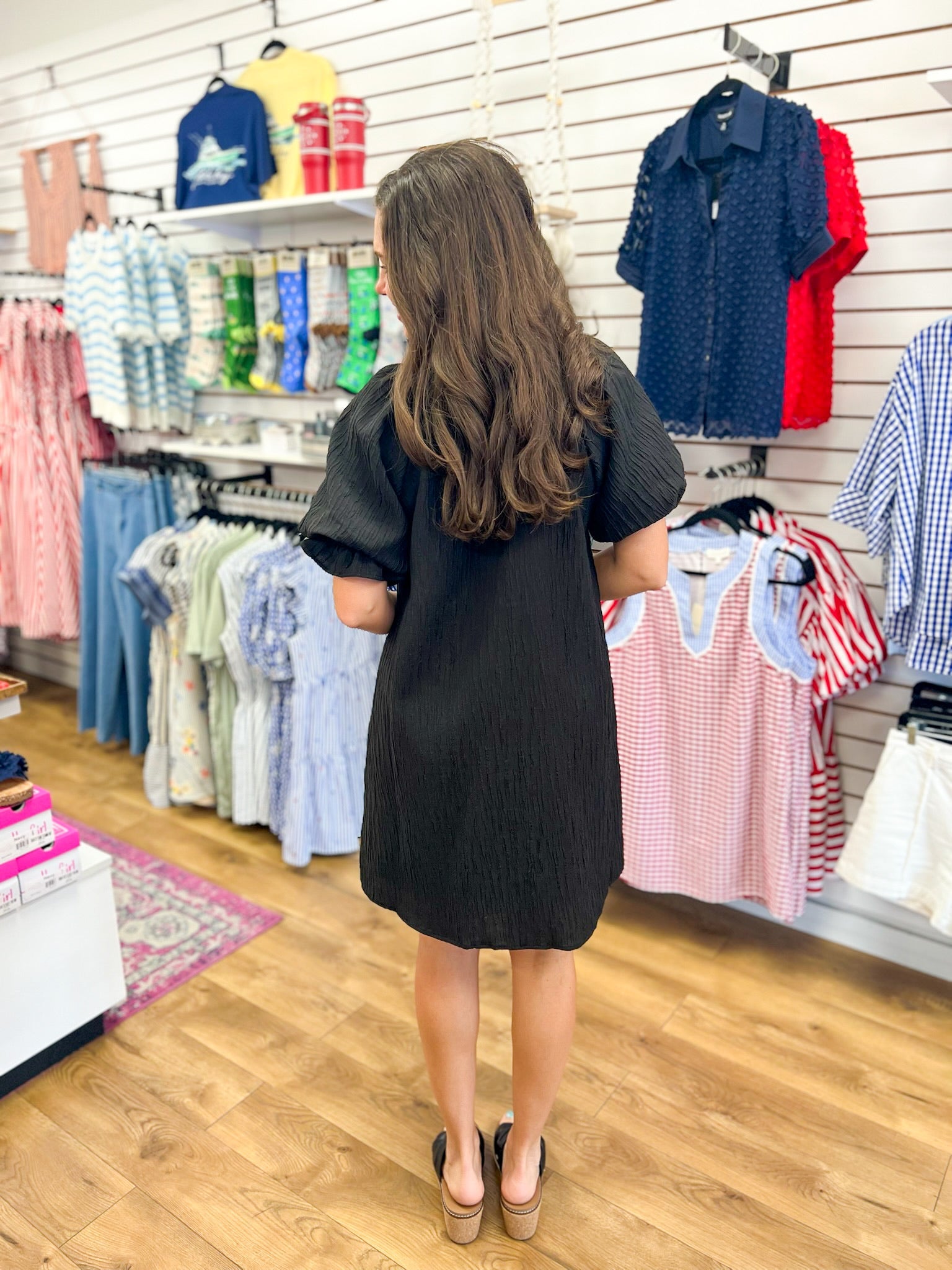 Black V-Neck Dress with Short Puff Sleeves - A'Bekah's Boutique