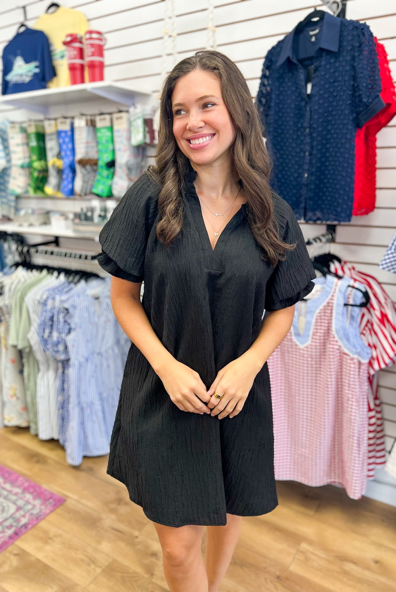 Black V-Neck Dress with Short Puff Sleeves - A'Bekah's Boutique