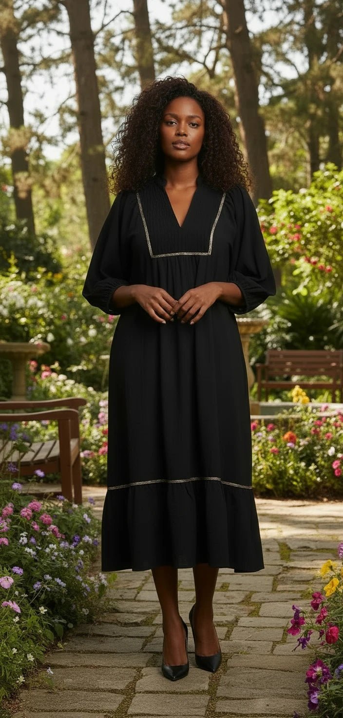 Black V - Neck Midi Dress with Contrast Animal Print Piping - A'Bekah's Boutique