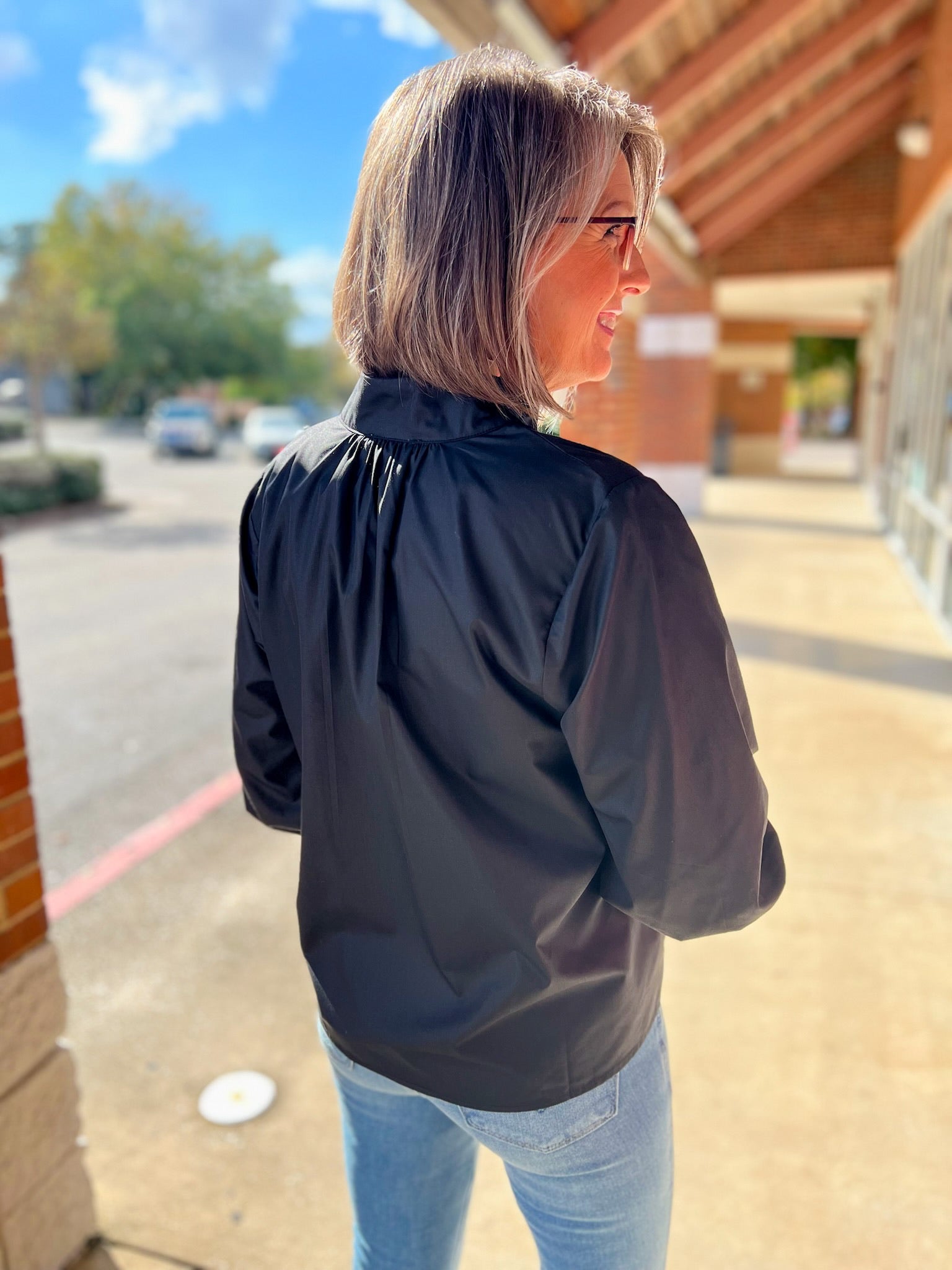 Black V - Neck Top with 3/4 Sleeves with Buttoned Cuffs - A'Bekah's Boutique