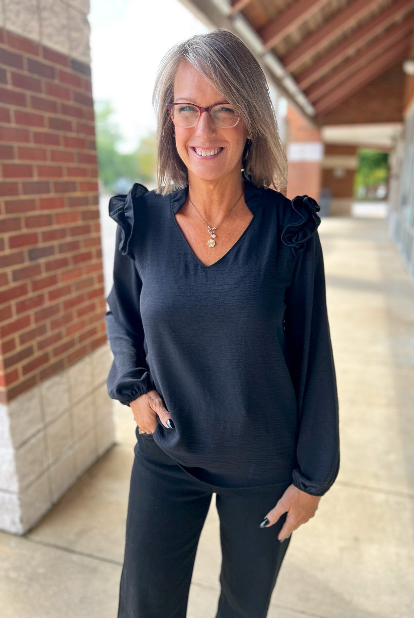Black V - Neck Top with Ruffle Shoulder Detail - A'Bekah's Boutique