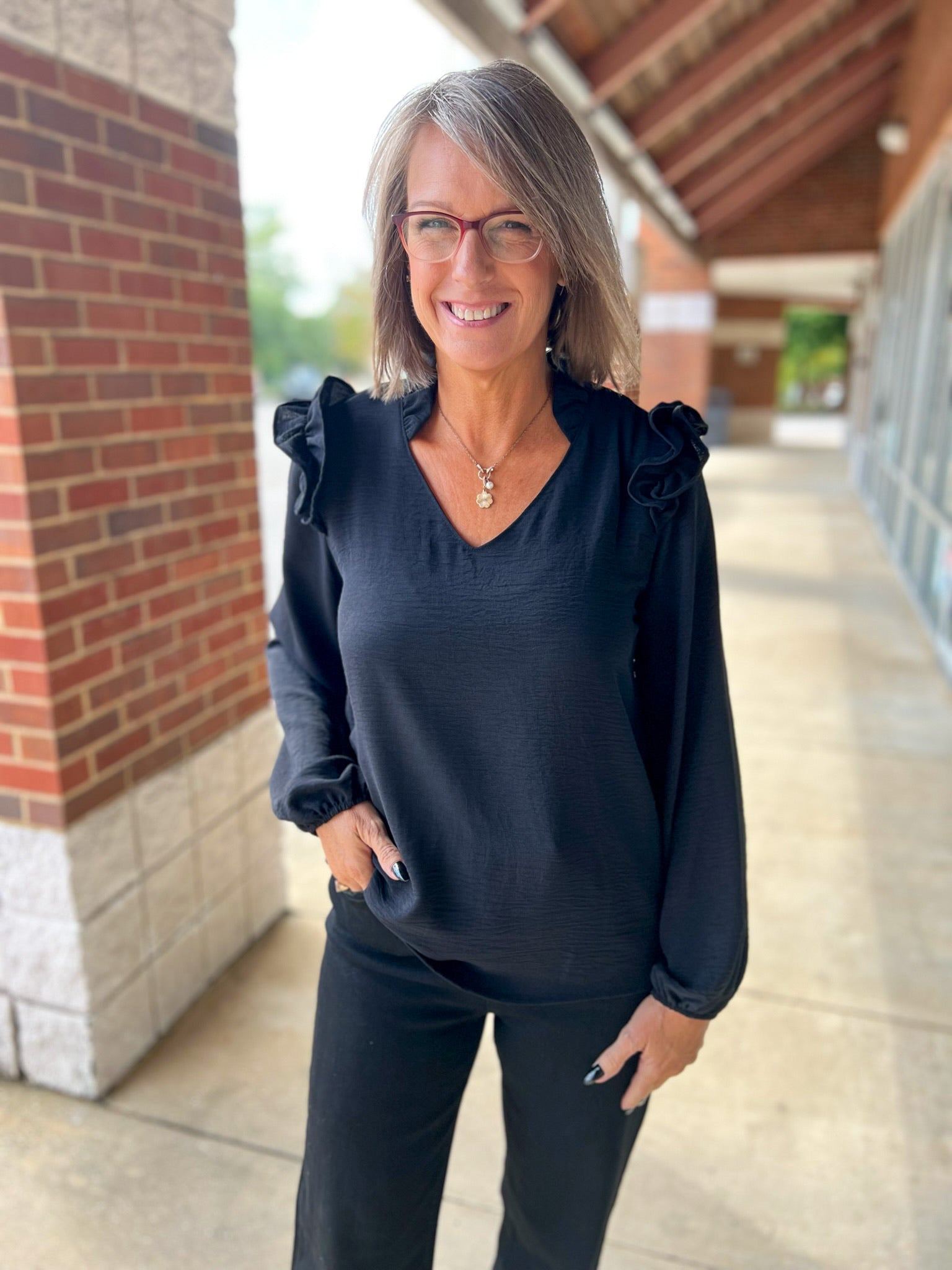 Black V - Neck Top with Ruffle Shoulder Detail - A'Bekah's Boutique