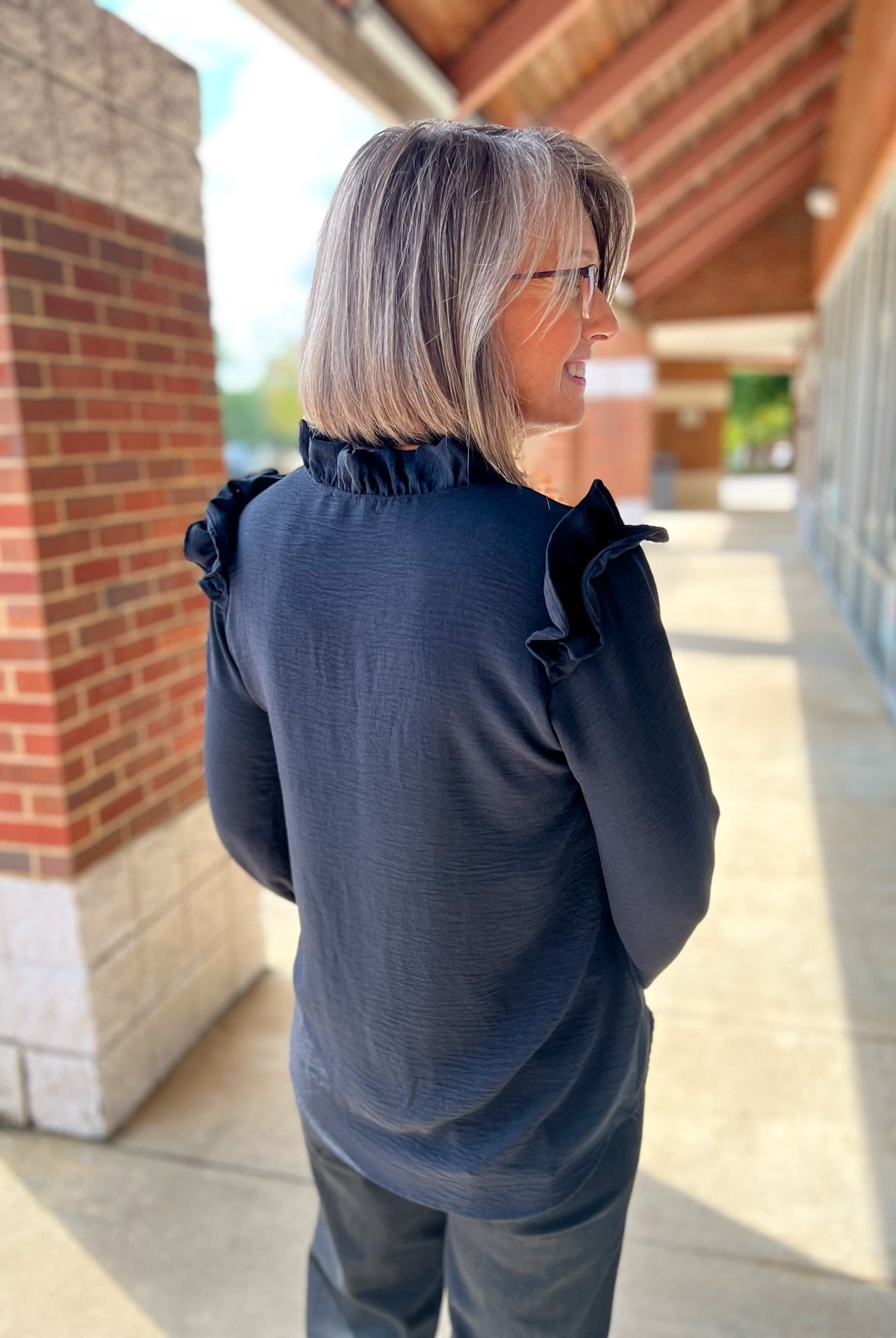 Black V - Neck Top with Ruffle Shoulder Detail - A'Bekah's Boutique