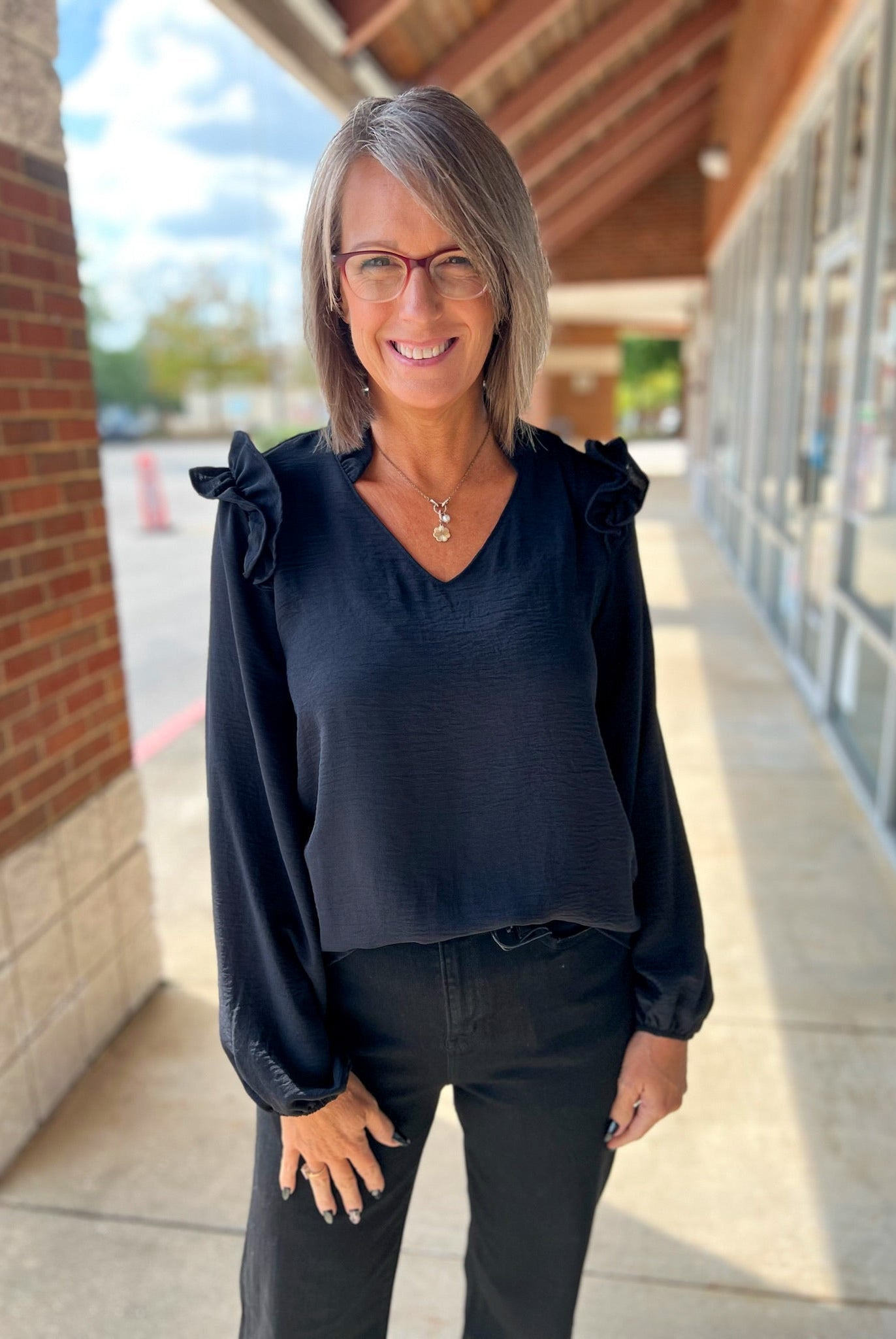 Black V - Neck Top with Ruffle Shoulder Detail - A'Bekah's Boutique