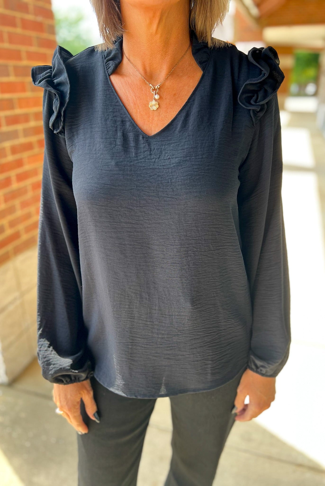 Black V - Neck Top with Ruffle Shoulder Detail - A'Bekah's Boutique