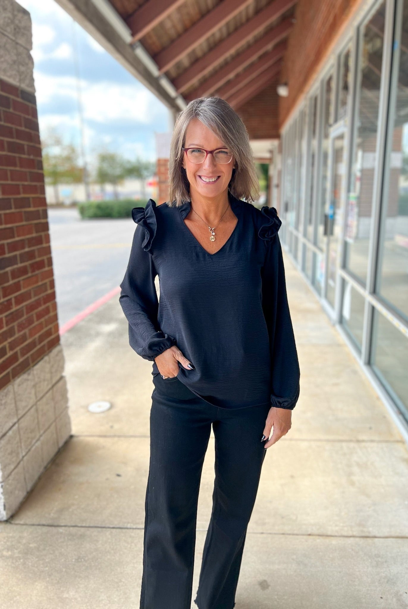 Black V - Neck Top with Ruffle Shoulder Detail - A'Bekah's Boutique