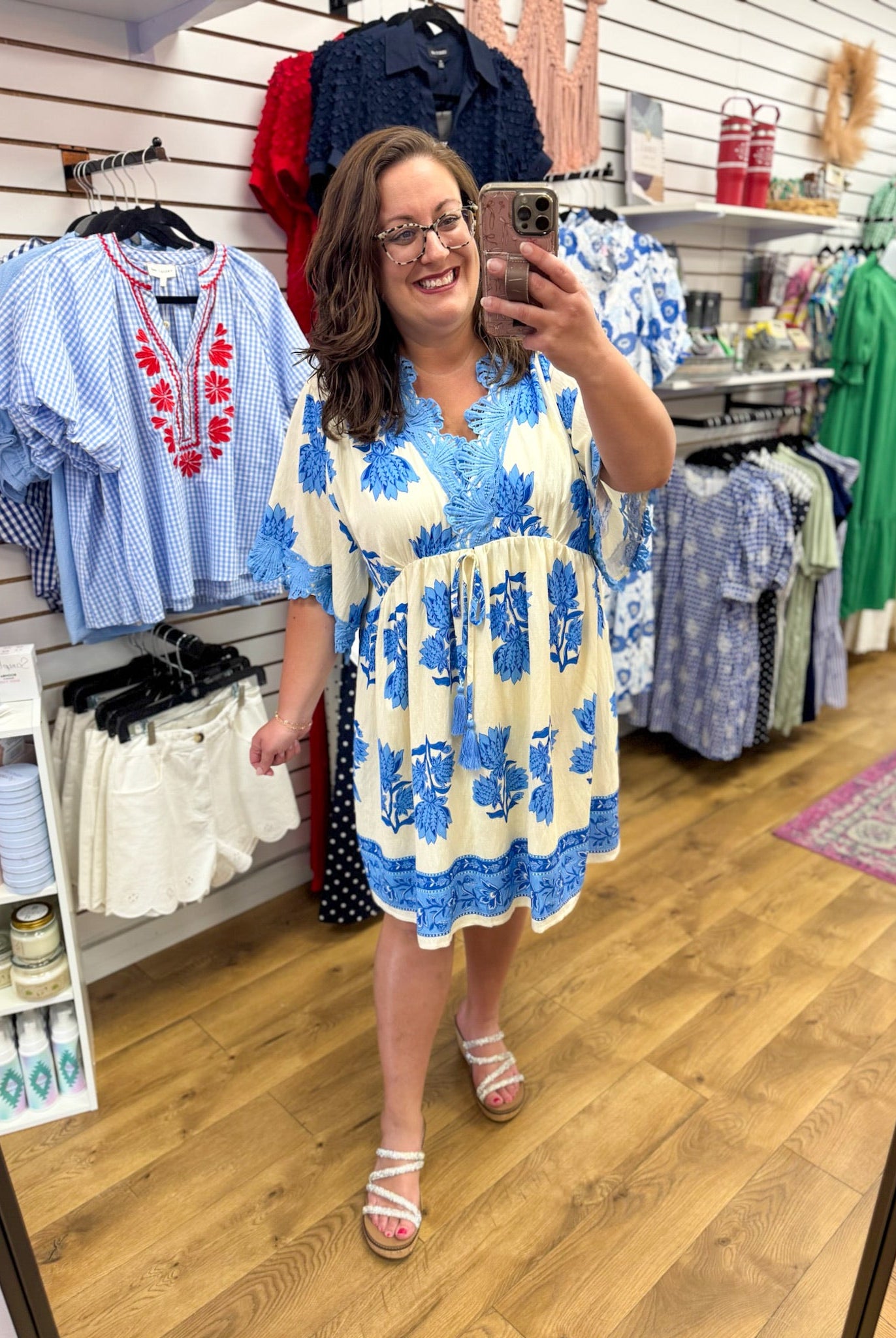Blue Abstract Print Dress with Lace Details - A'Bekah's Boutique
