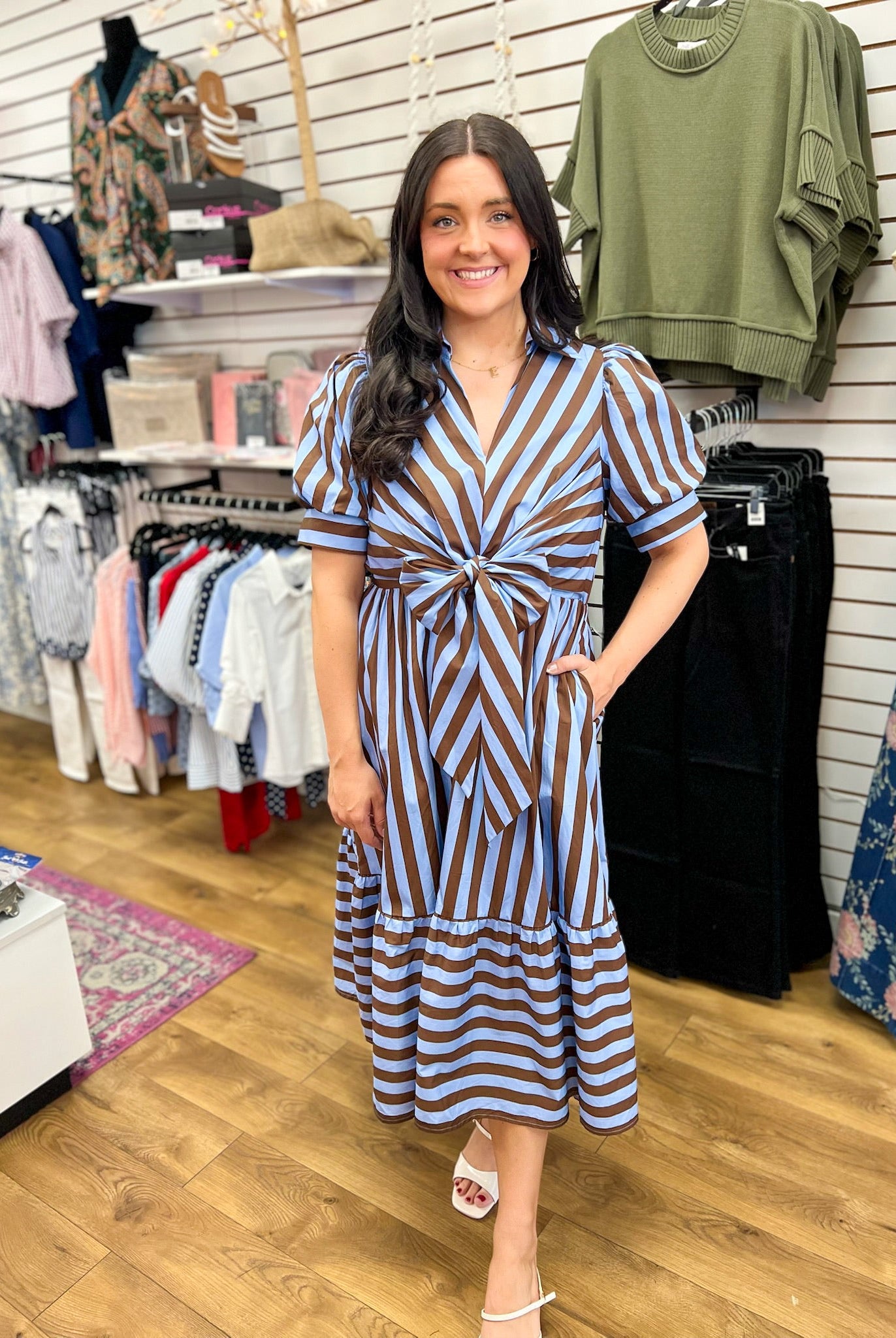 Blue and Brown Striped Midi Dress with Front Tie Waist - A'Bekah's Boutique
