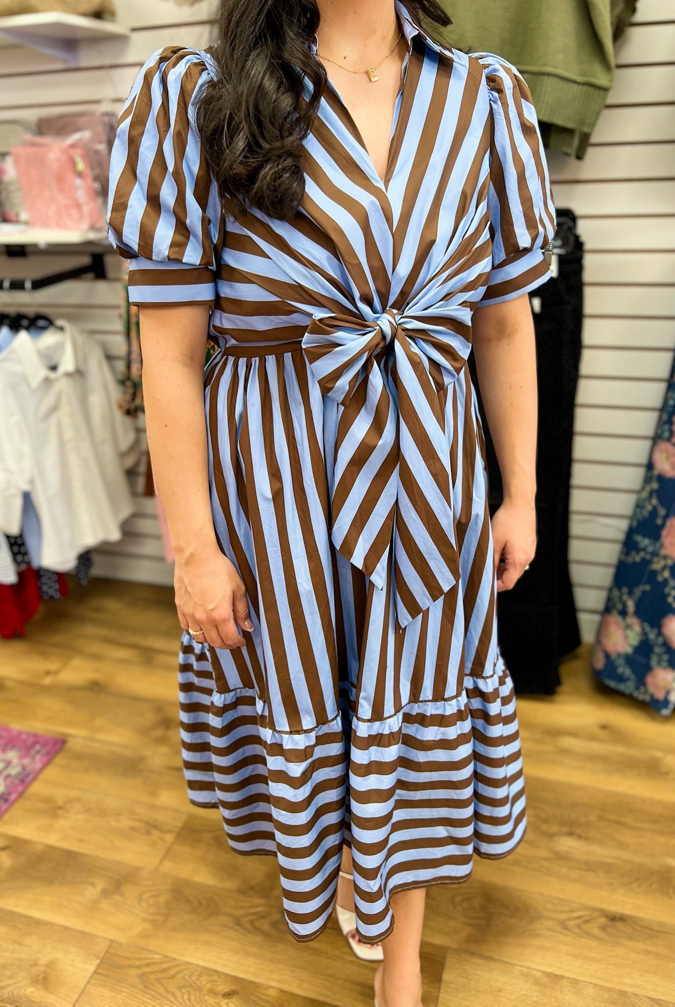 Blue and Brown Striped Midi Dress with Front Tie Waist - A'Bekah's Boutique