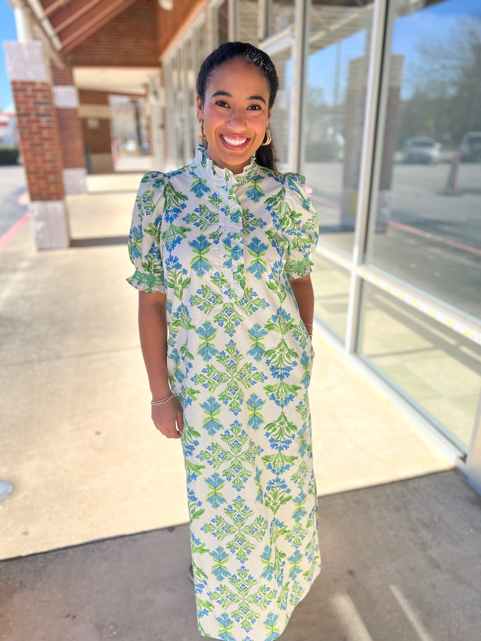 Blue and Green Botanical Midi Dress with Short Puff Sleeves - A'Bekah's Boutique