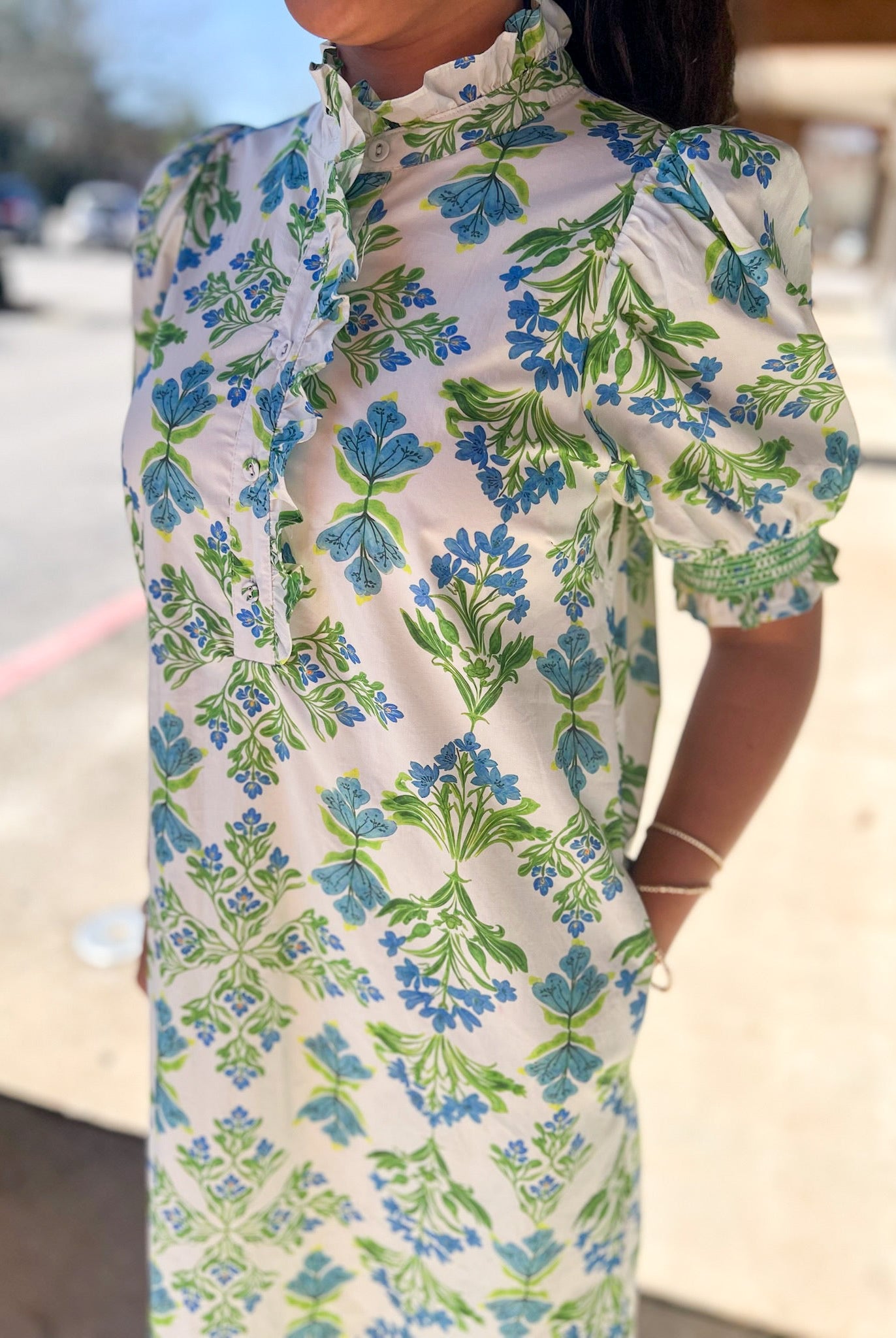 Blue and Green Botanical Midi Dress with Short Puff Sleeves - A'Bekah's Boutique
