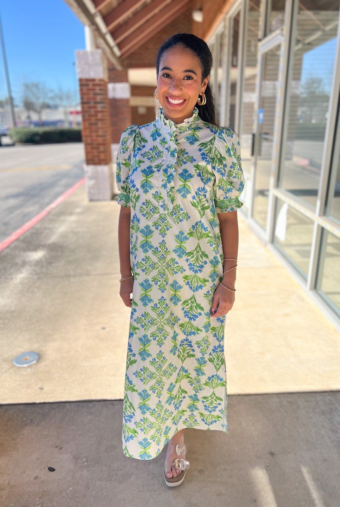 Blue and Green Botanical Midi Dress with Short Puff Sleeves - A'Bekah's Boutique