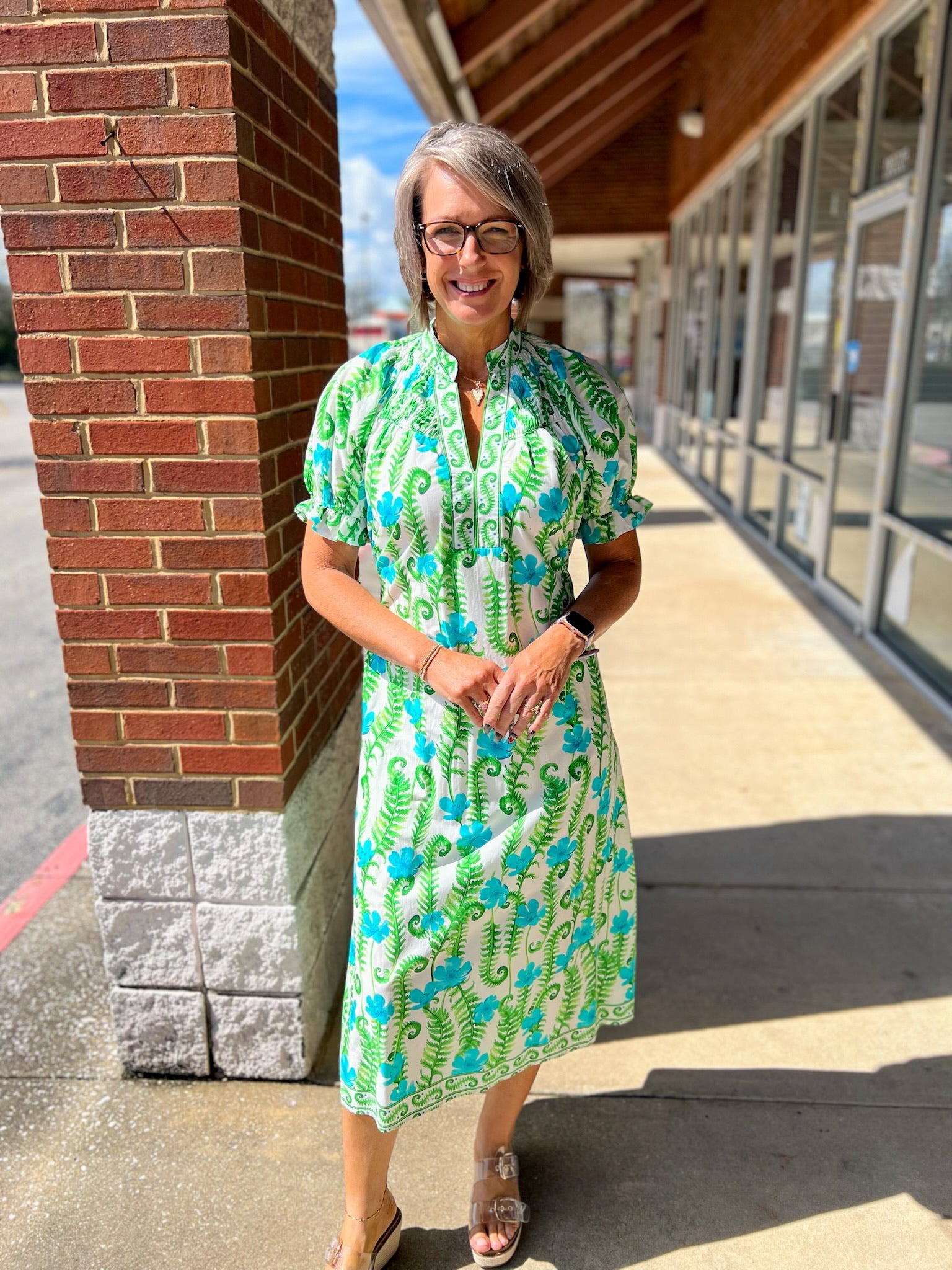 Blue and Green Floral Short Sleeve Midi Dress - A'Bekah's Boutique