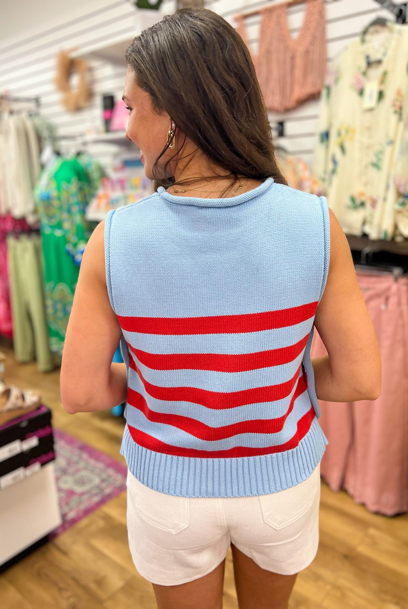 Blue and Red Striped Sleeveless Knit Top with Gold Buttons on Sides - A'Bekah's Boutique