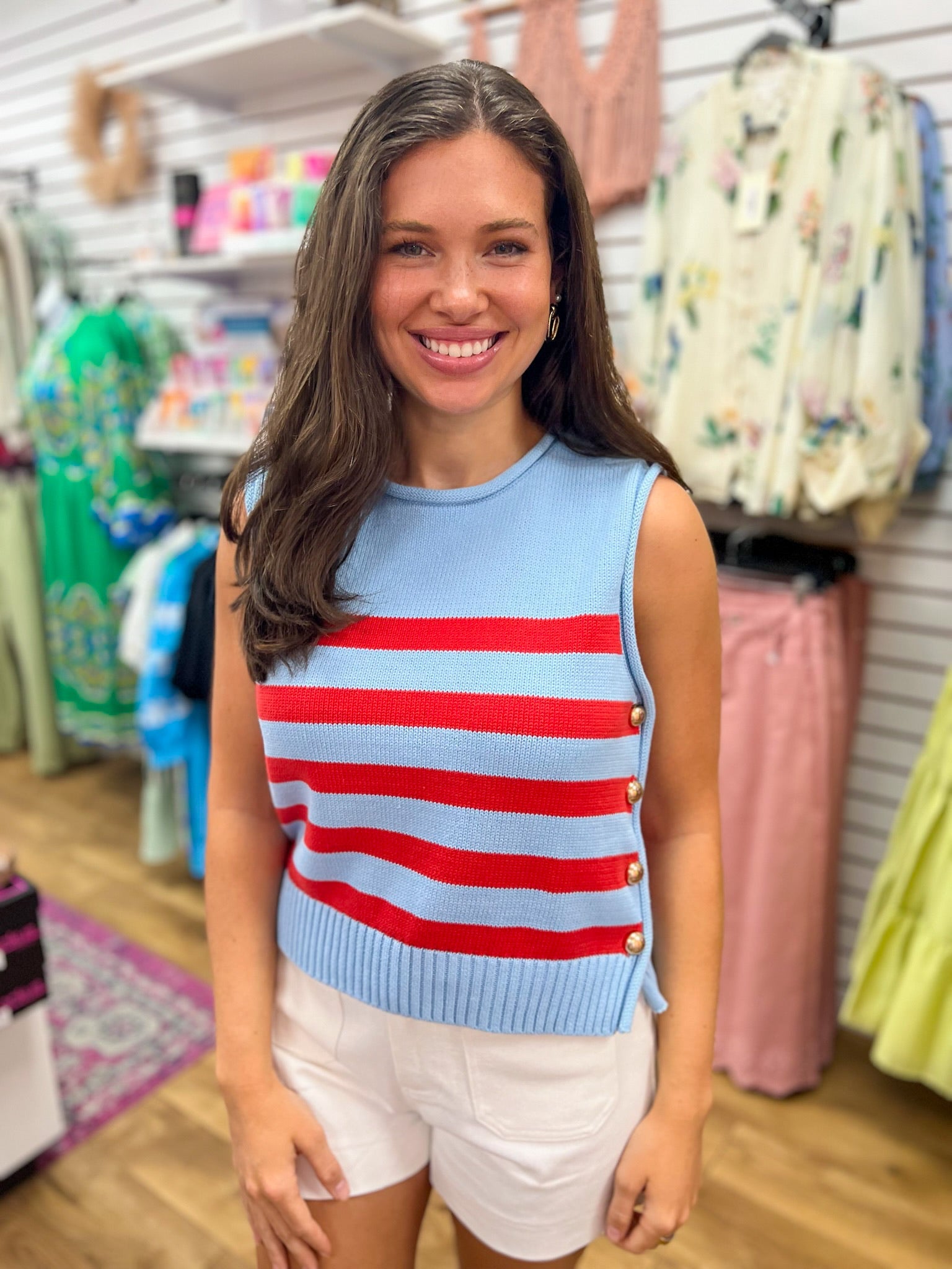 Blue and Red Striped Sleeveless Knit Top with Gold Buttons on Sides - A'Bekah's Boutique