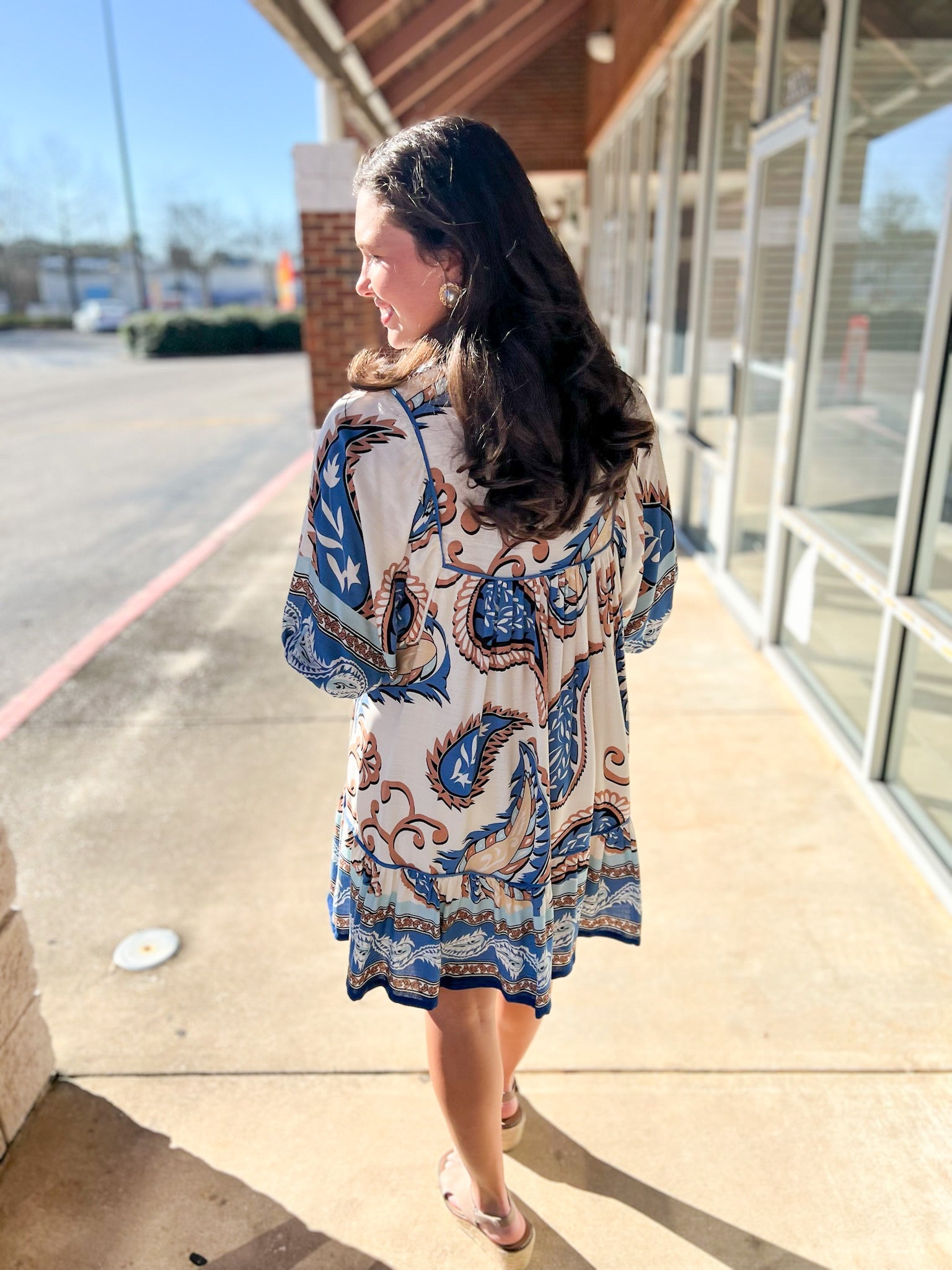 Blue Boho Paisley V - Neck Dress with 3/4 Length Sleeves - A'Bekah's Boutique