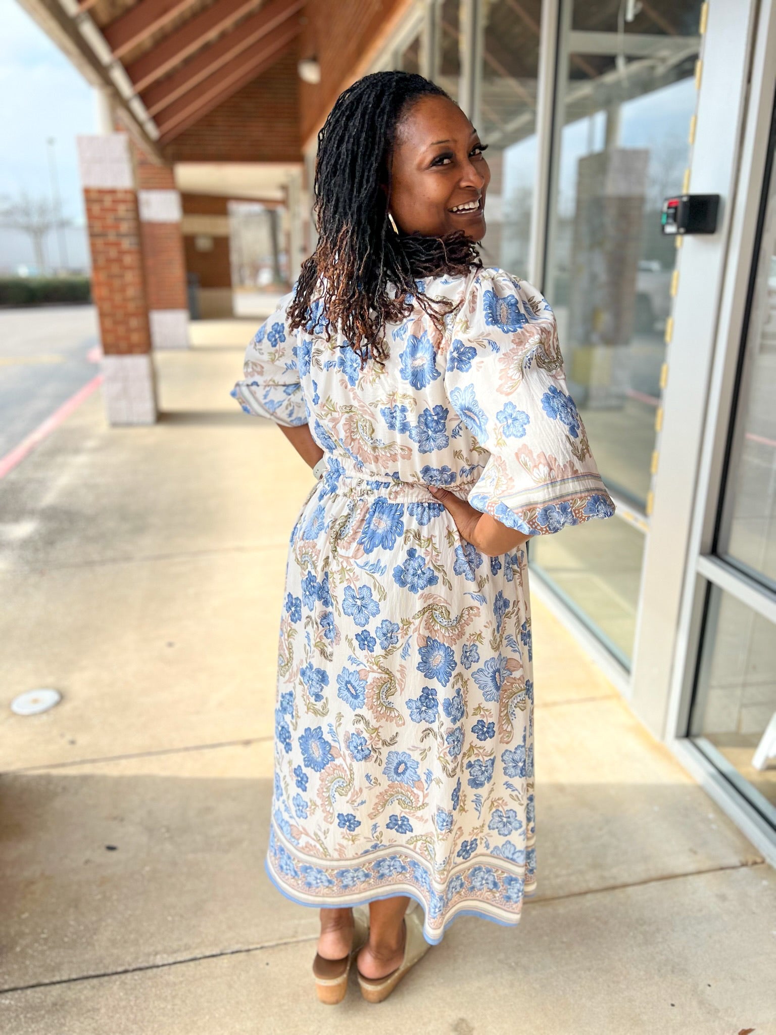 Blue Border Print V - Neck 3/4 Sleeve Midi Dress (C) - A'Bekah's Boutique