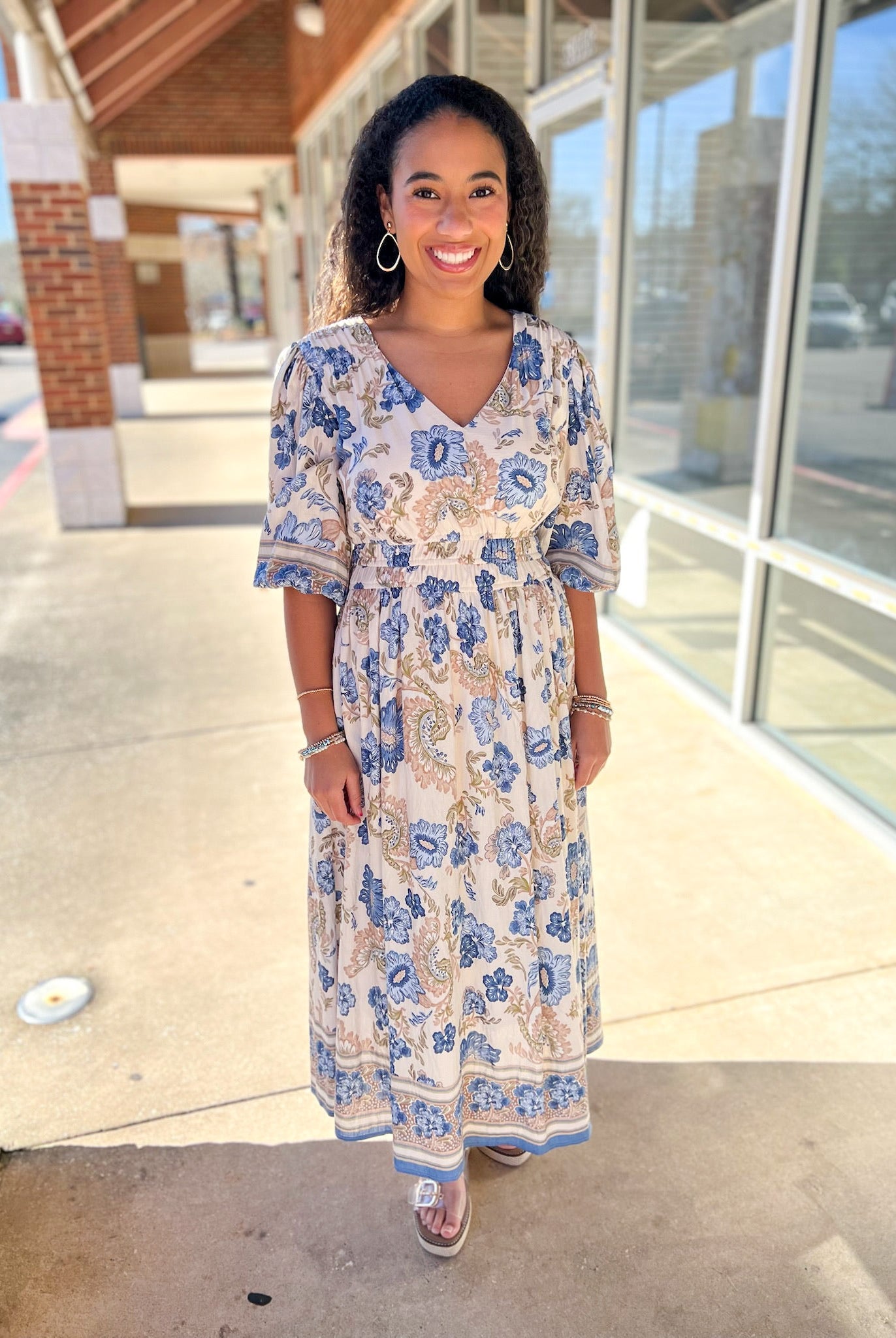 Blue Border Print V - Neck 3/4 Sleeve Midi Dress (R) - A'Bekah's Boutique