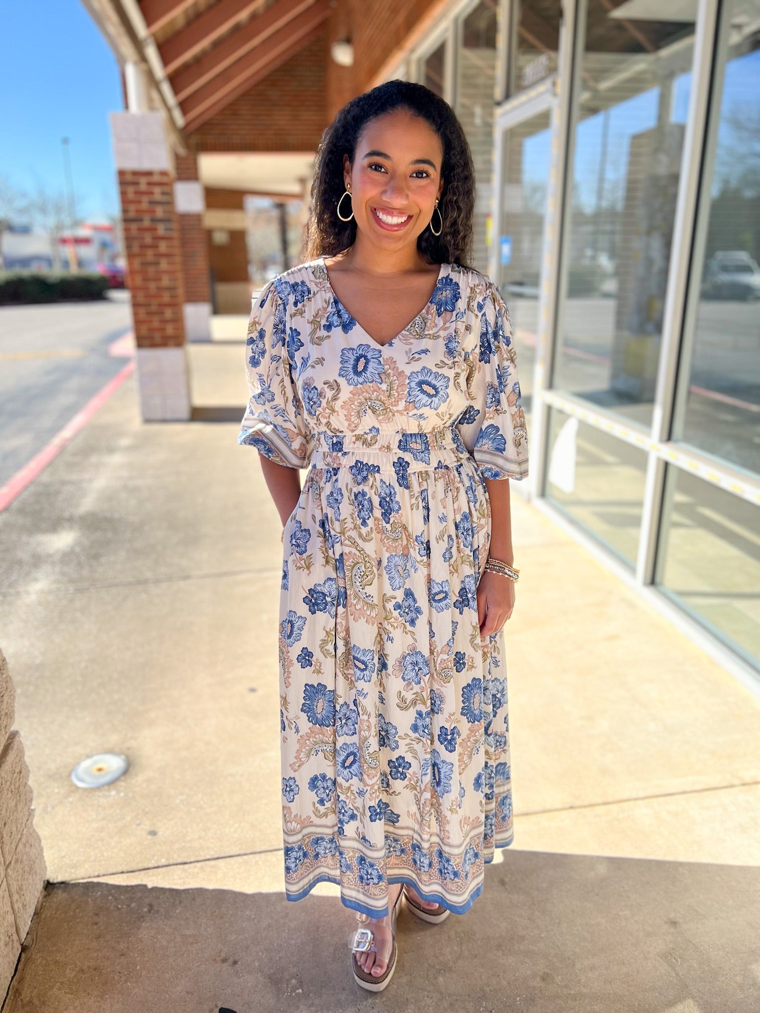 Blue Border Print V - Neck 3/4 Sleeve Midi Dress (R) - A'Bekah's Boutique
